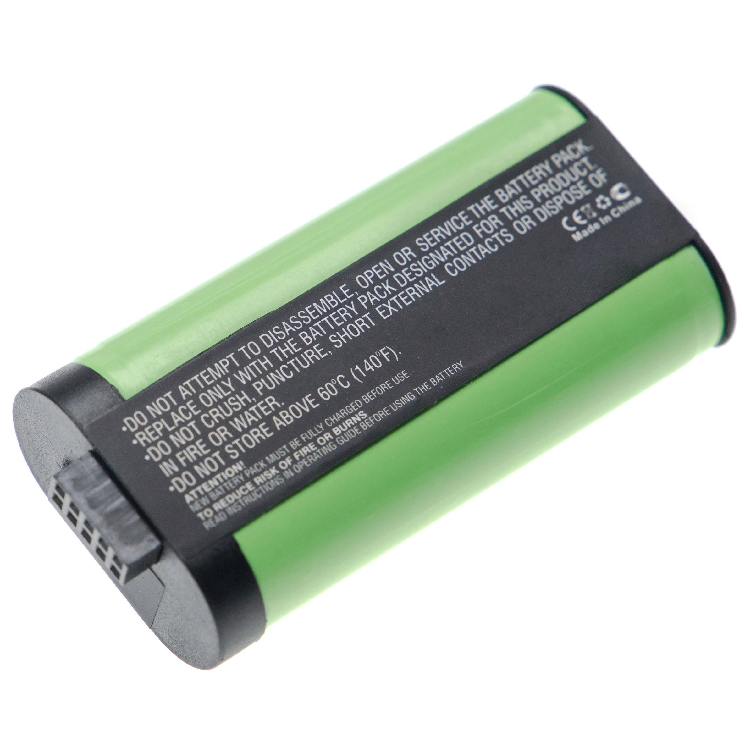 Eine zylindrische Batterie in Grün und Schwarz mit Sicherheitshinweisen, vor weißem Hintergrund.
