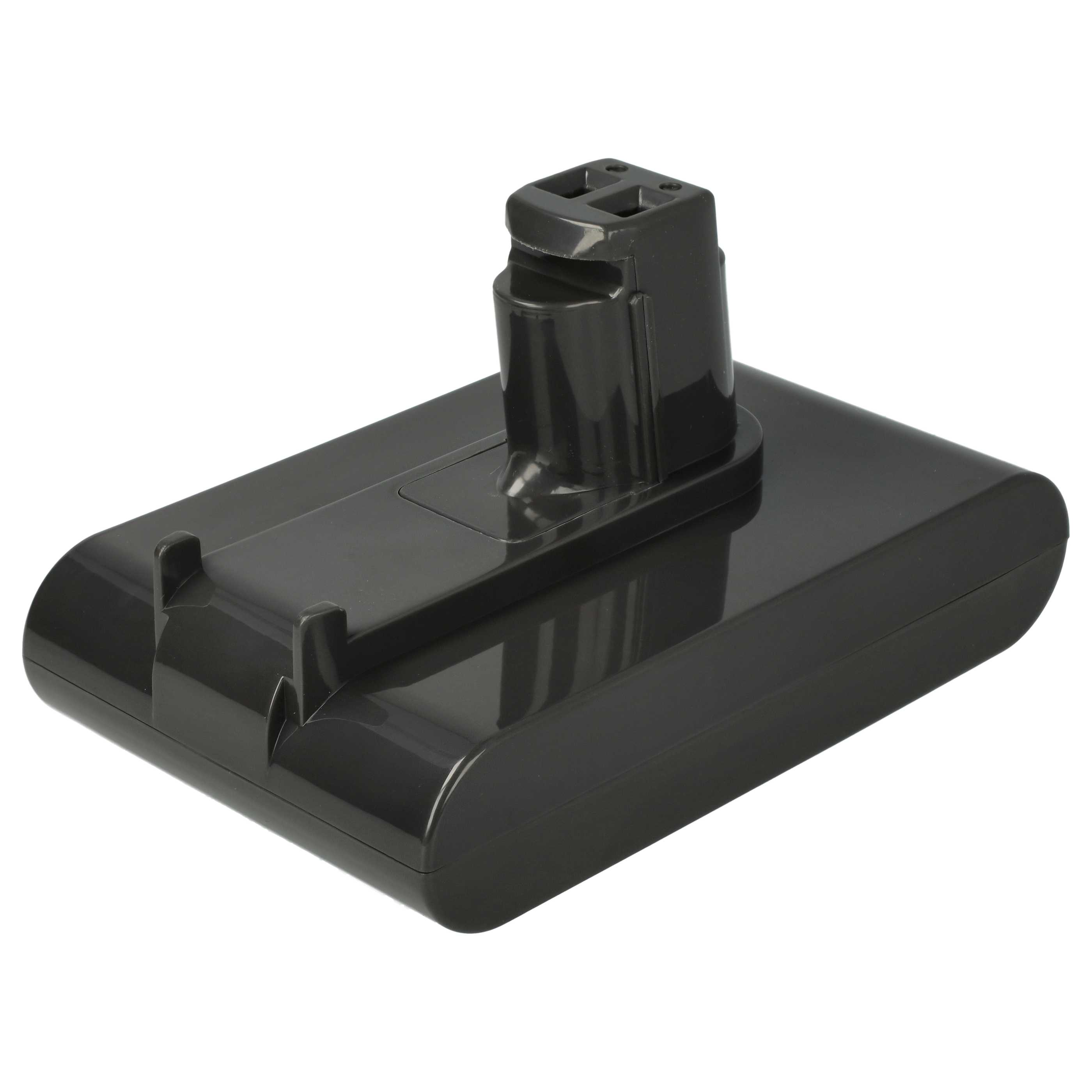 Ein grauer Akku für einen Staubsauger vor weißem Hintergrund. Er hat eine rechteckige Basis und einen aufrechten Stecker.