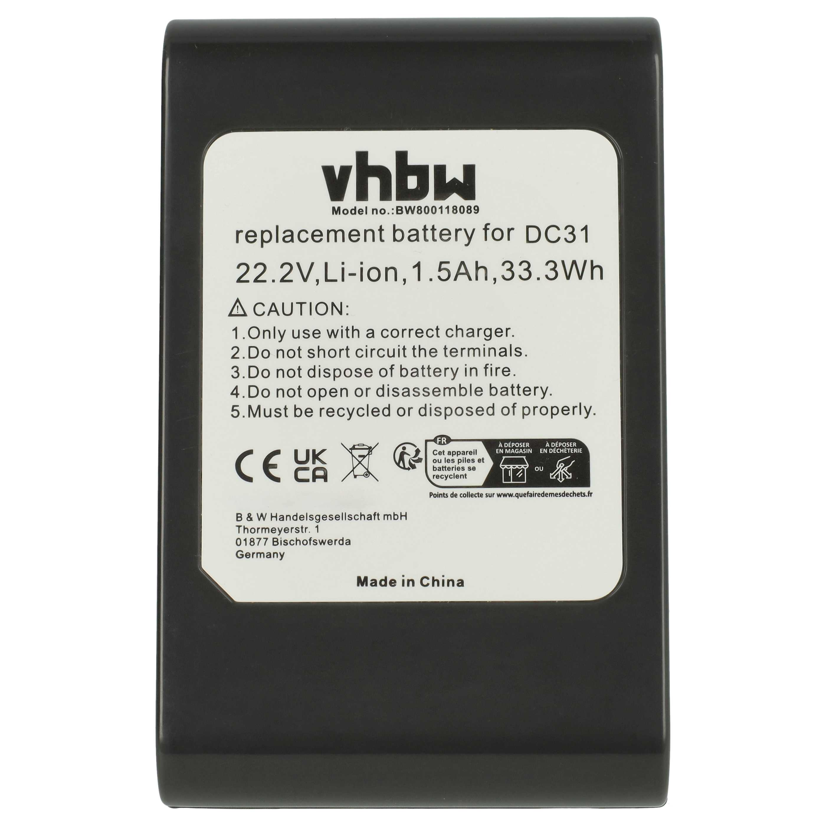 Schwarzes Batterieetikett mit Text: Ersatzbatterie für DC31, Warnhinweisen und Recycling-Symbolen.