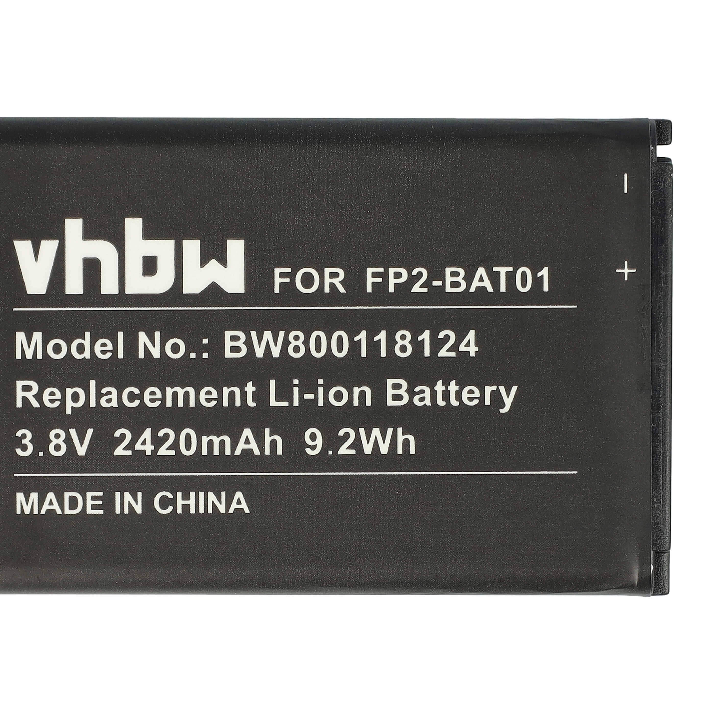 Ein schwarzer Akku mit weißem Text. Darauf steht vhbw, FOR FP2-BAT01, Modell-Nr.: BW800118124, Ersatz-Li-Ionen-Akku, 3,8 V 2420 mAh 9,2 Wh und MADE IN CHINA.