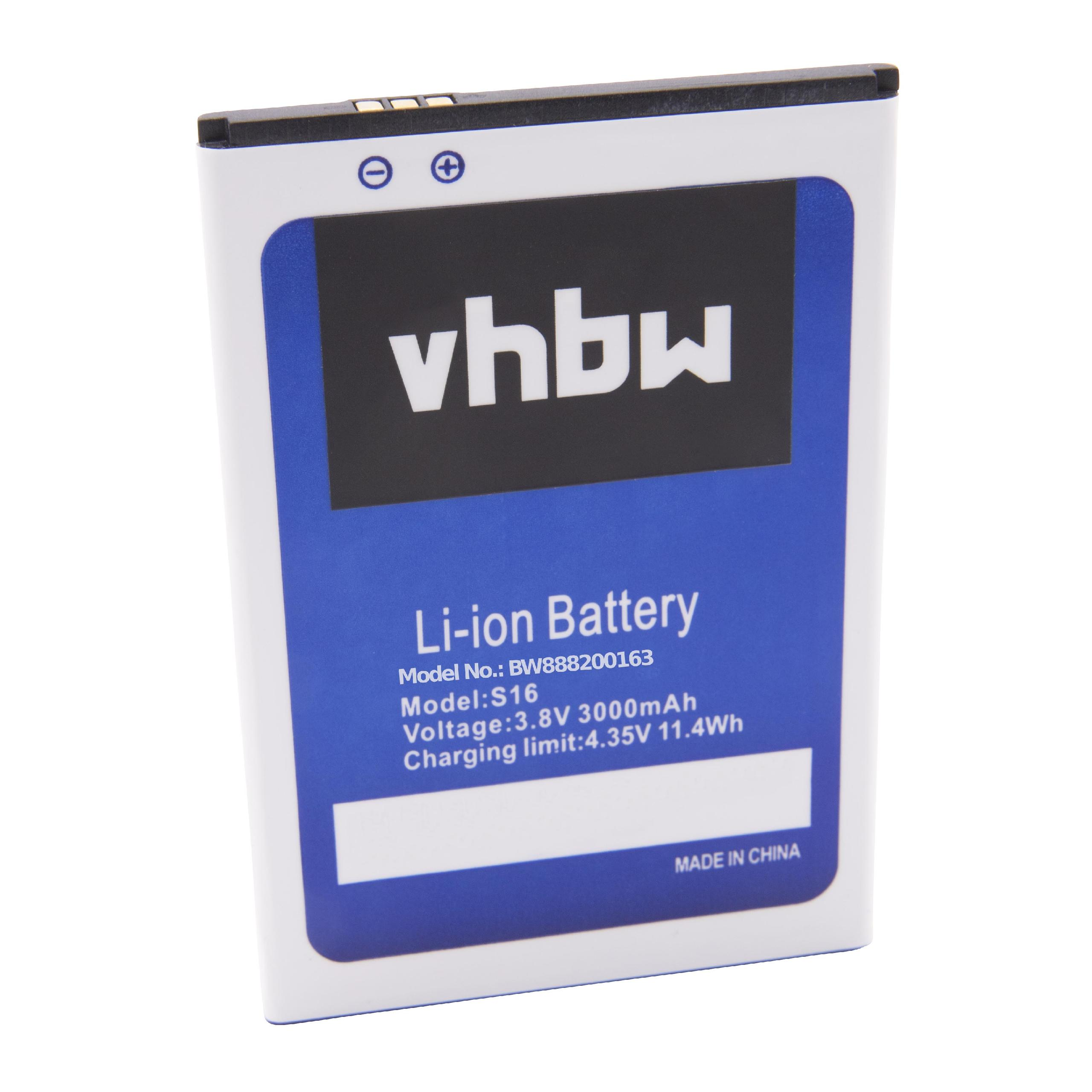 Ein weiß-blauer Li-Ionen-Akku mit 'vhbw' und technischen Daten, einschließlich Spannung und Ladegrenze, vor weißem Hintergrund.