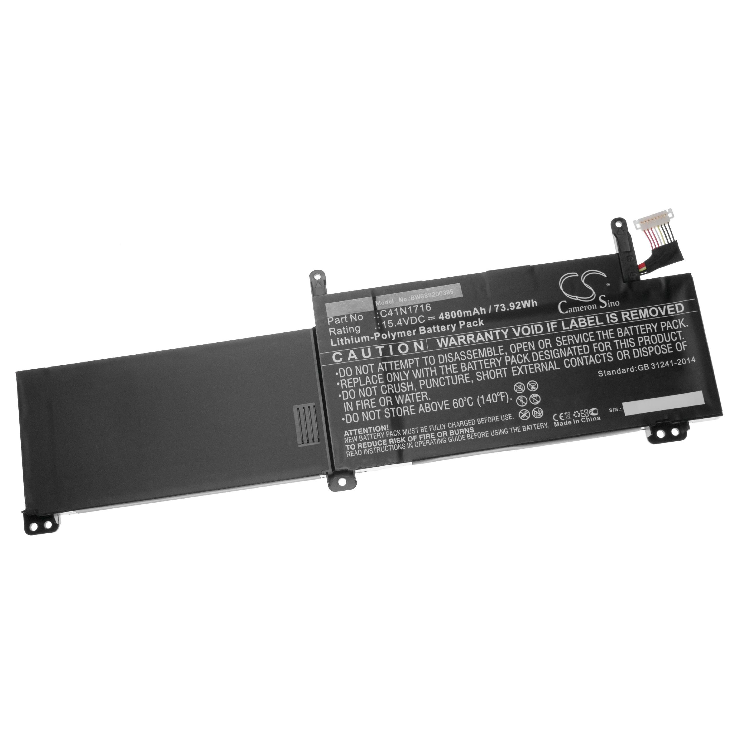 Schwarzer Laptop-Akku mit weißem Text und Warnhinweisen. Oben befindet sich ein Stecker mit farbigen Drähten.