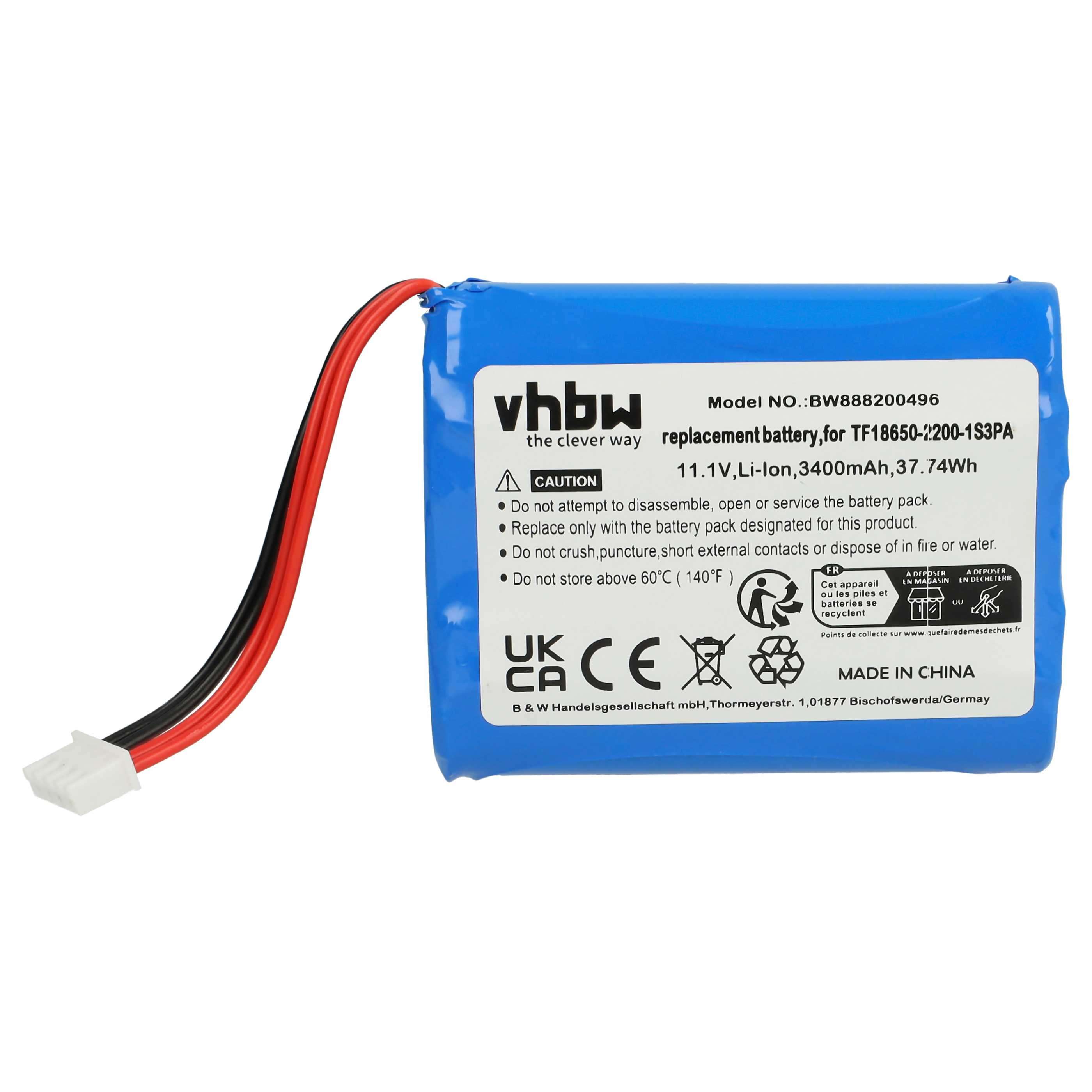 Blaue Batterie mit roten und schwarzen Drähten, weißem Stecker. Text enthält 'vhbw', 'CAUTION' und technische Daten.