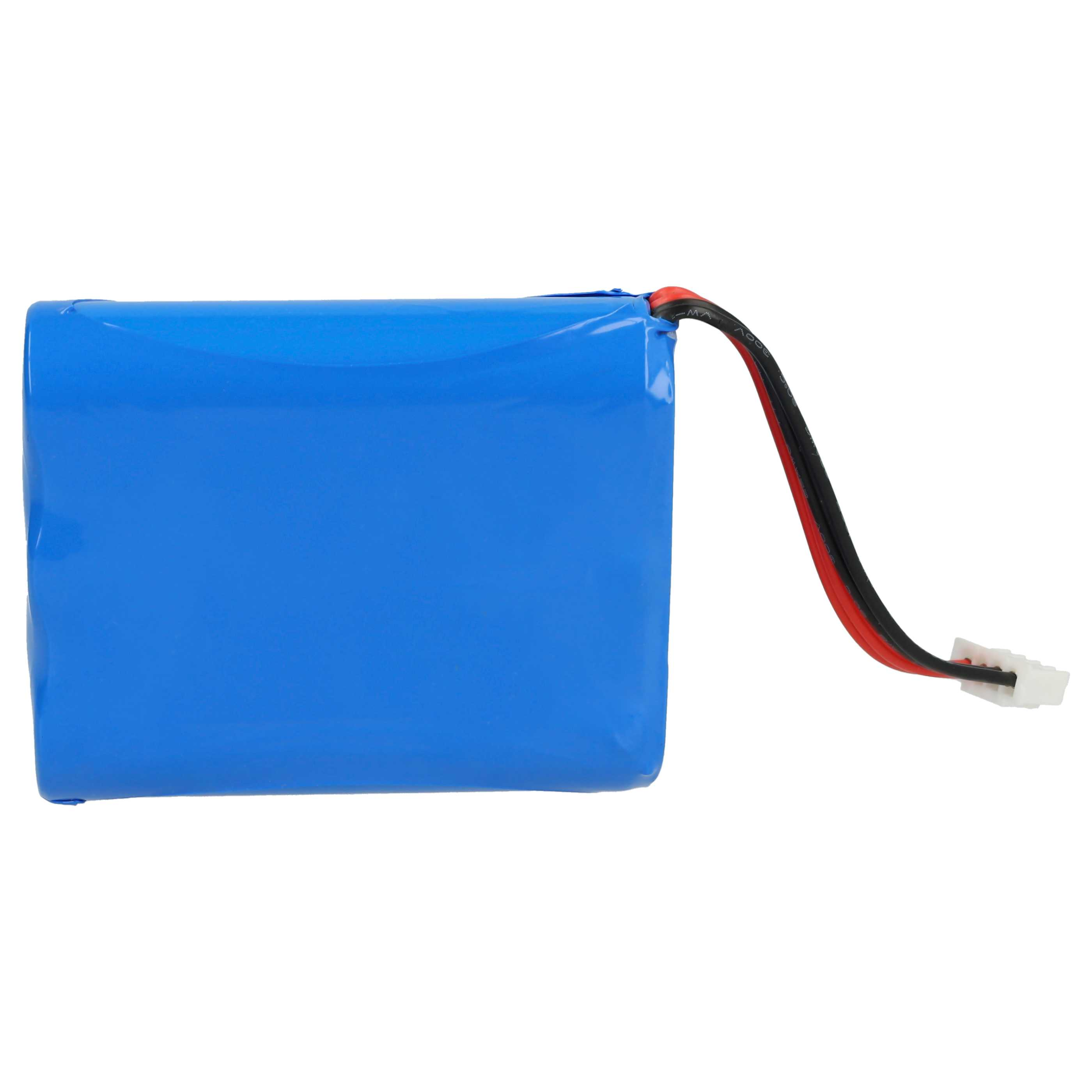 Ein blauer Akku mit schwarzen und roten Drähten, die von seiner Seite ausgehen und in einem weißen Stecker enden.