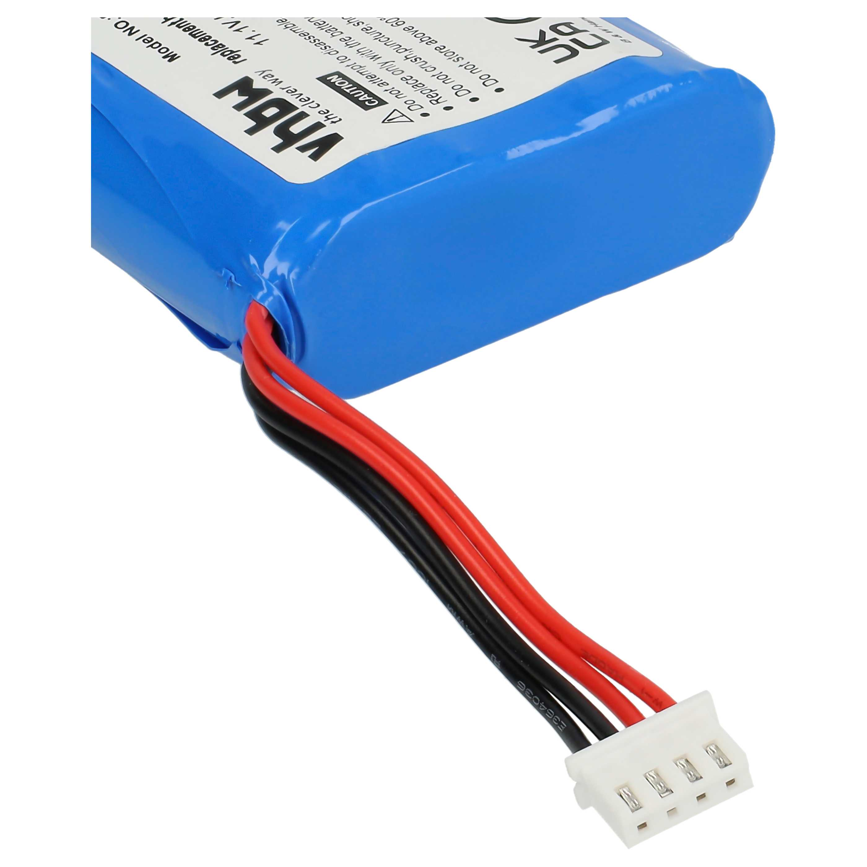 Ein blauer Akku mit roten, schwarzen Drähten und einem weißen Stecker ist abgebildet.