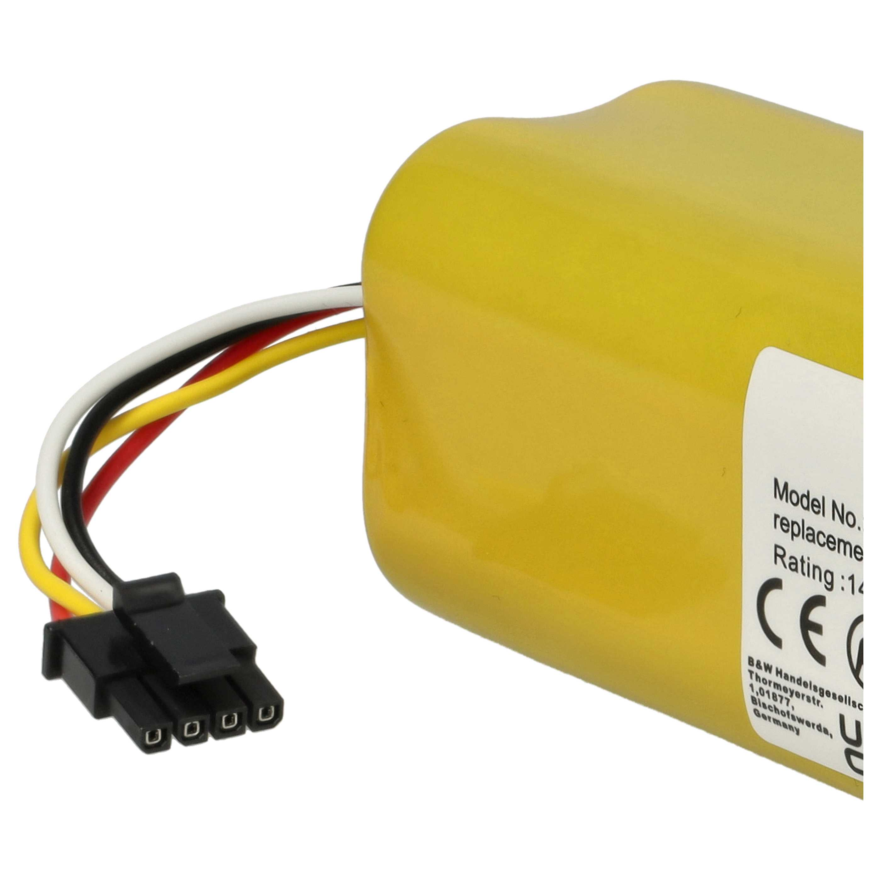 Ein gelbes Batteriepack mit schwarzem Stecker und Kabeln. Ein Etikett mit Text ist sichtbar.