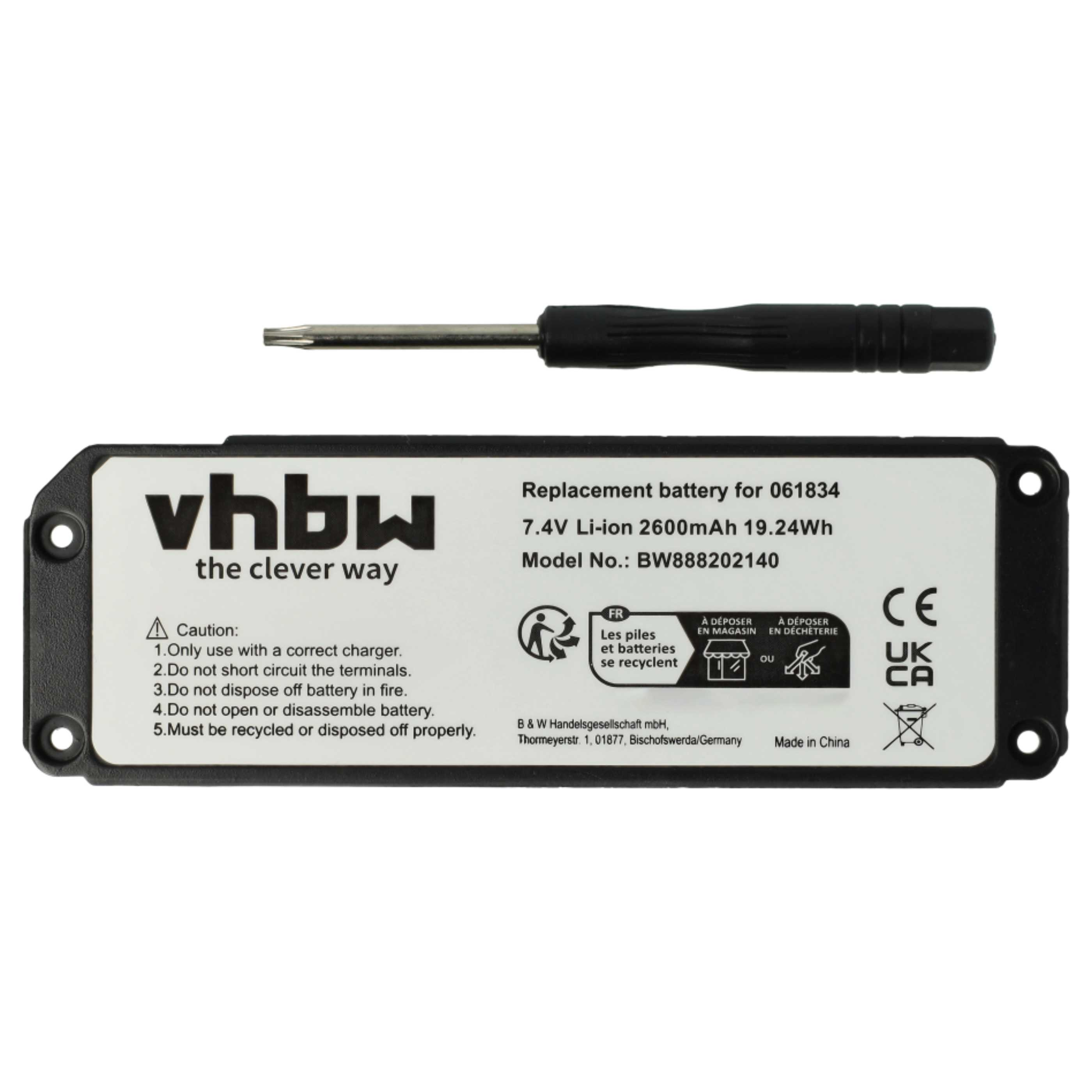 Ein schwarzer Akku mit Text und einem Schraubendreher. Text: vhbw, Ersatzbatterie, Vorsicht, und Recycling-Symbole sind sichtbar.
