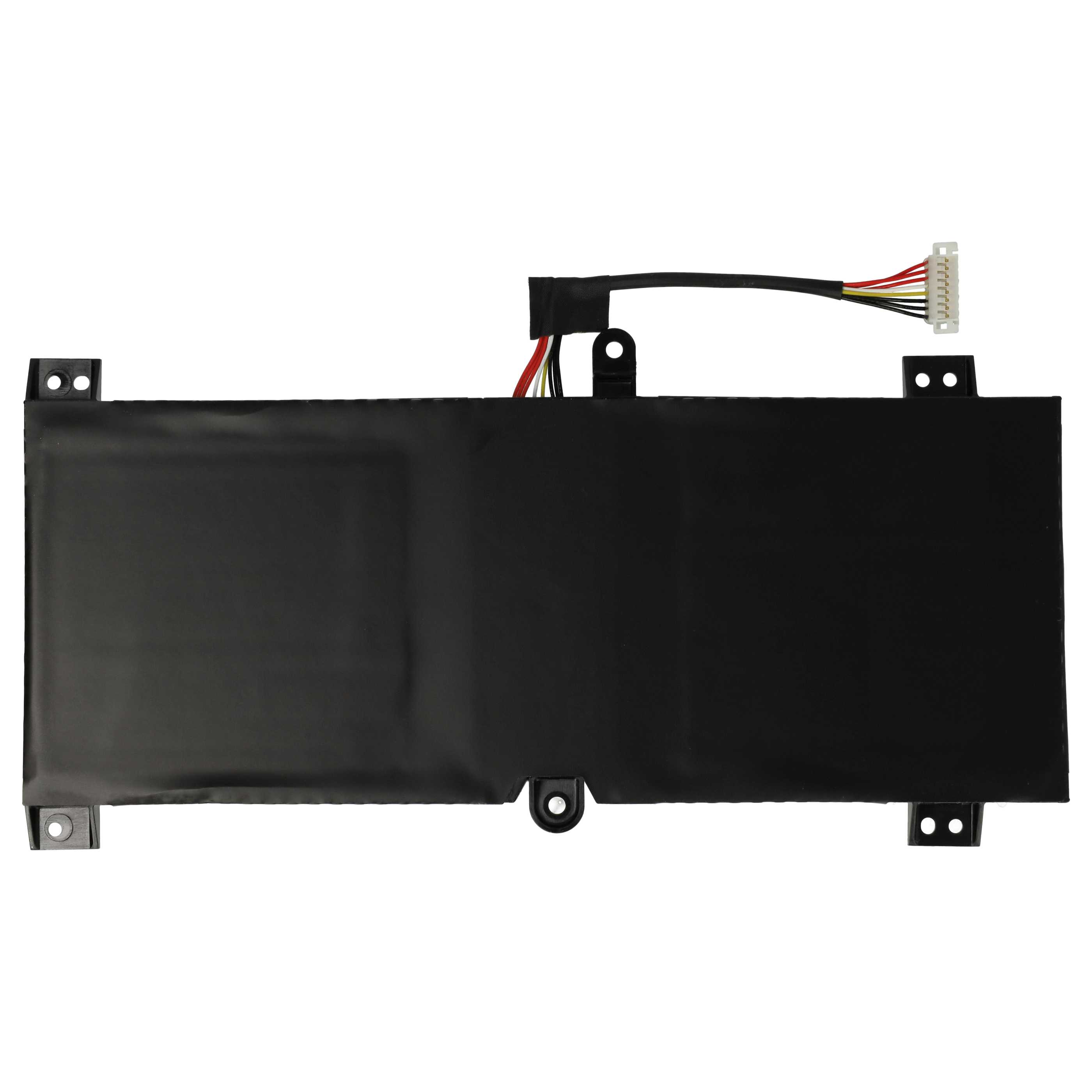 Schwarzer Laptop-Akku mit Anschlusskabel. Er hat einen weißen Stecker mit mehreren Pins. Der Hintergrund ist schlicht weiß.