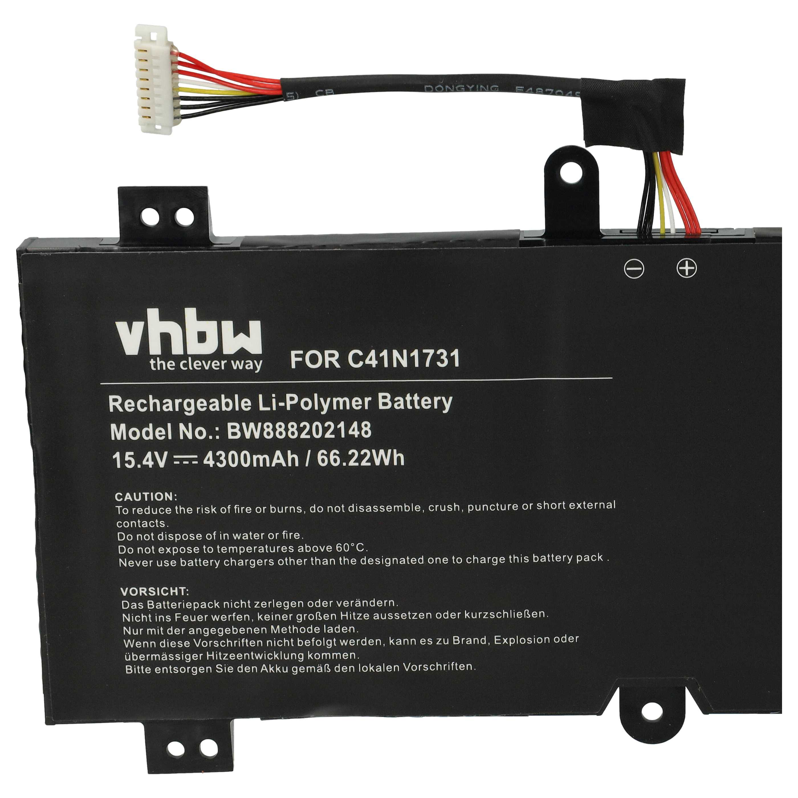 Ein schwarzer Laptop-Akku mit weißem Text, einem Stecker und mehrfarbigen Drähten auf weißem Hintergrund.