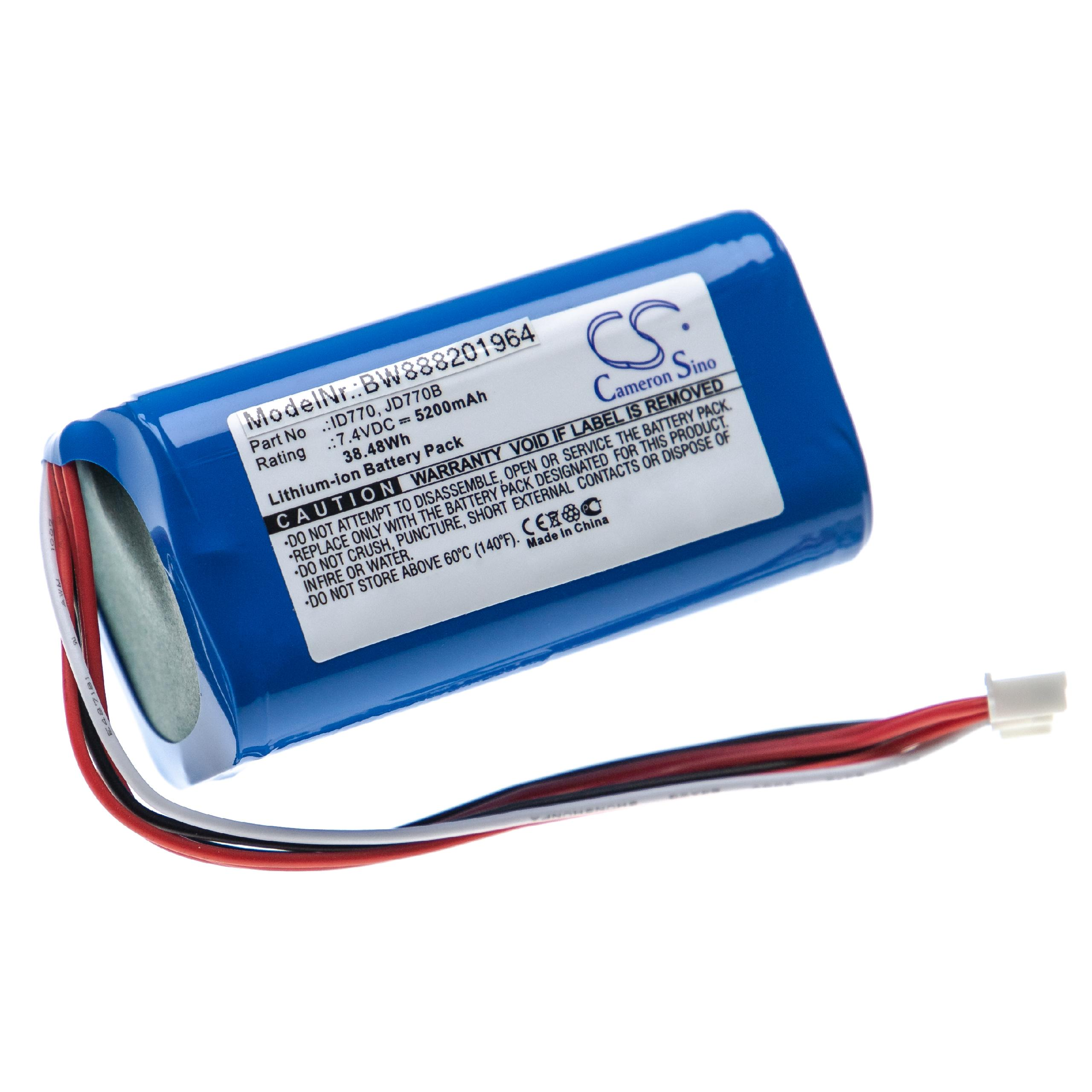 Blauer Akku mit Etiketten und farbigen Drähten. Text enthält Modell- und Warnhinweise.
