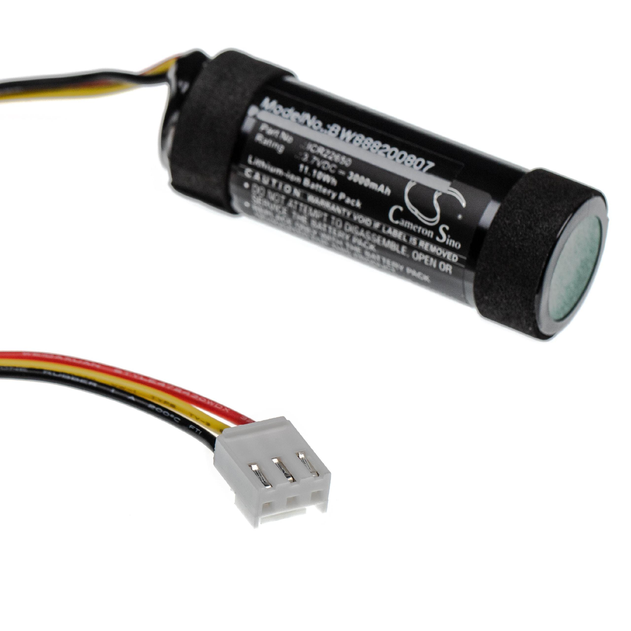 Eine zylindrische Batterie mit Text, schwarzer Umwicklung und einem weißen Stecker mit farbigen Drähten vor weißem Hintergrund.