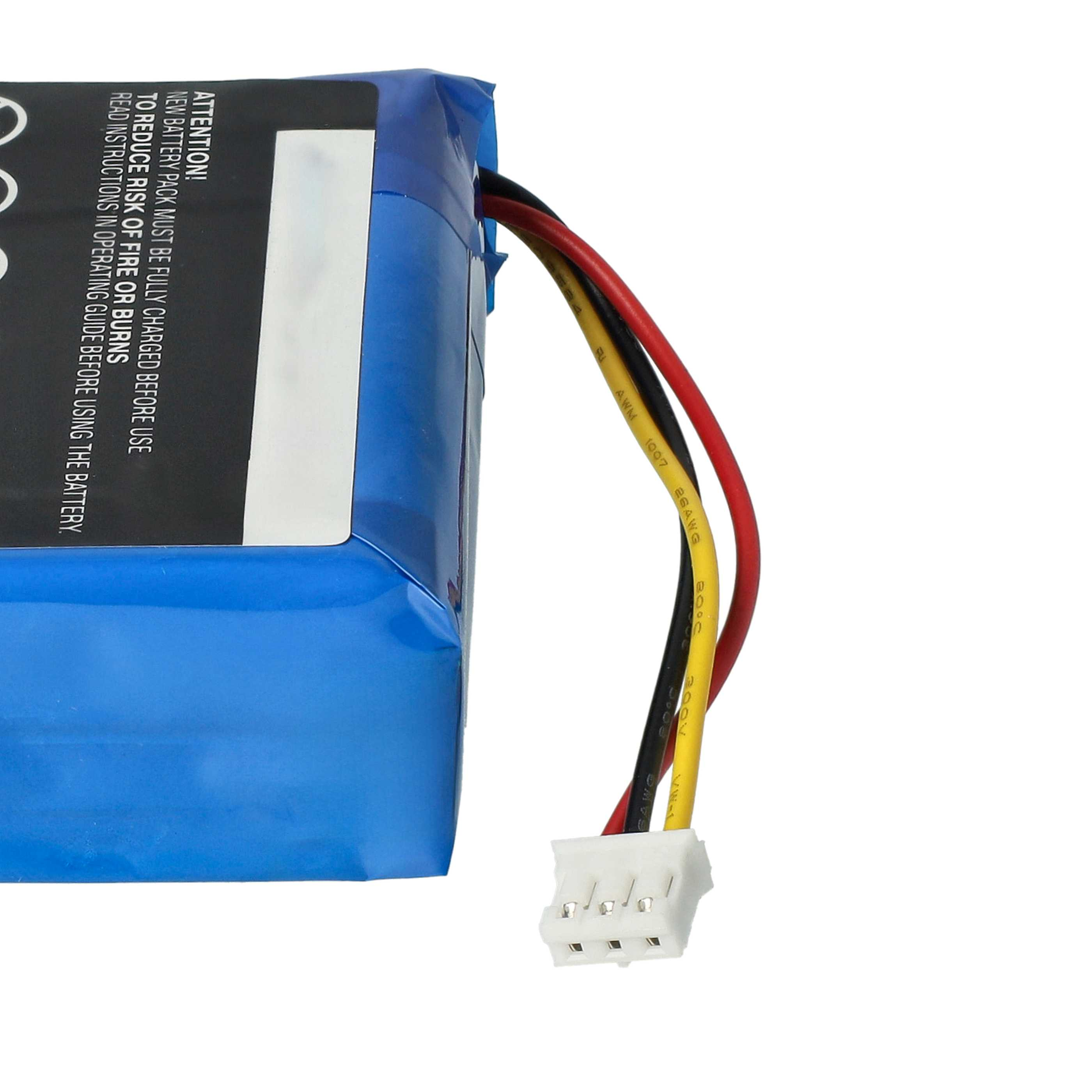 Ein blauer Akku mit schwarzen, roten und gelben Drähten, die an einem weißen Stecker befestigt sind. Text auf dem Akku warnt vor Brandgefahr.