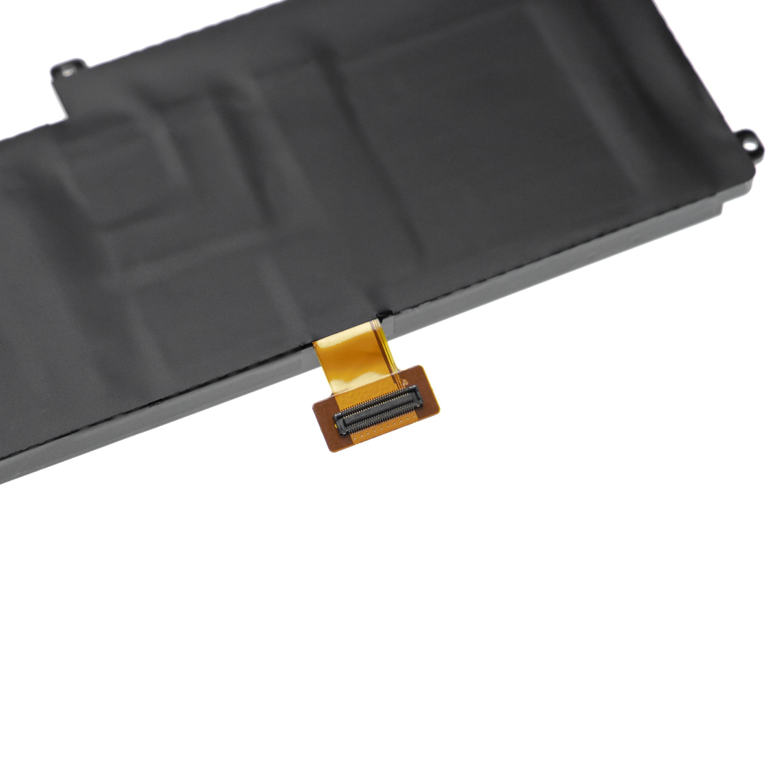Angesicht einer schwarzen, rechteckigen Laptop-Batterie. Ein Verbindungsband und ein Stecker sind sichtbar.