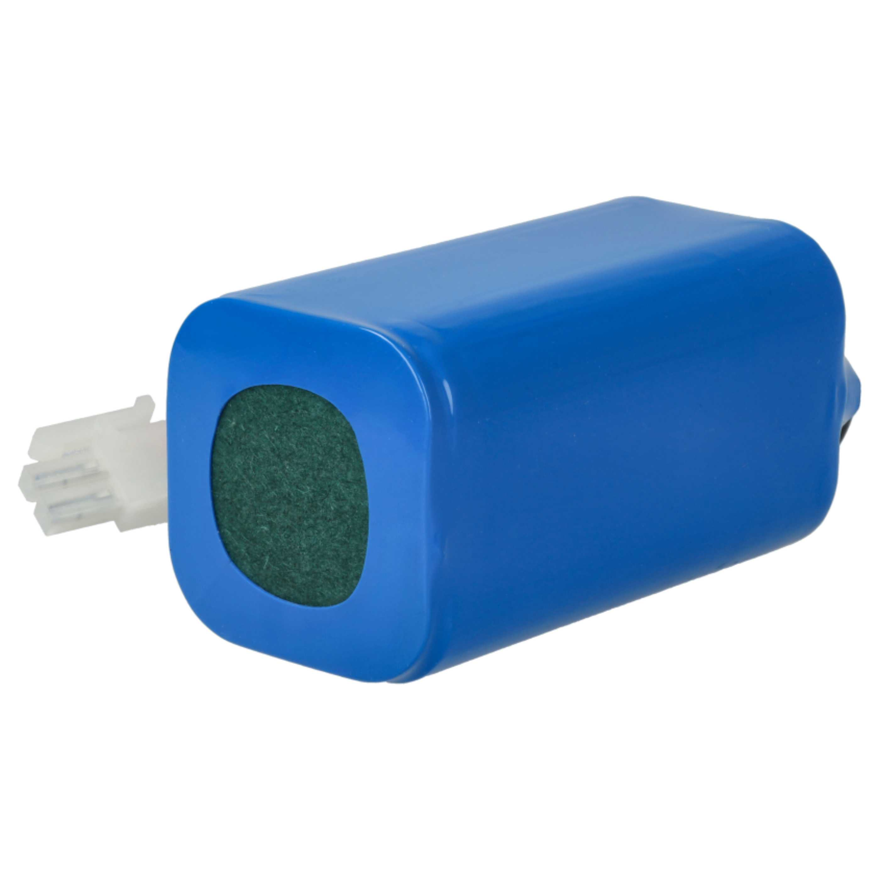 Ein blaues rechteckiges Objekt mit einem grünen Kreis und einem weißen Stecker auf der linken Seite.