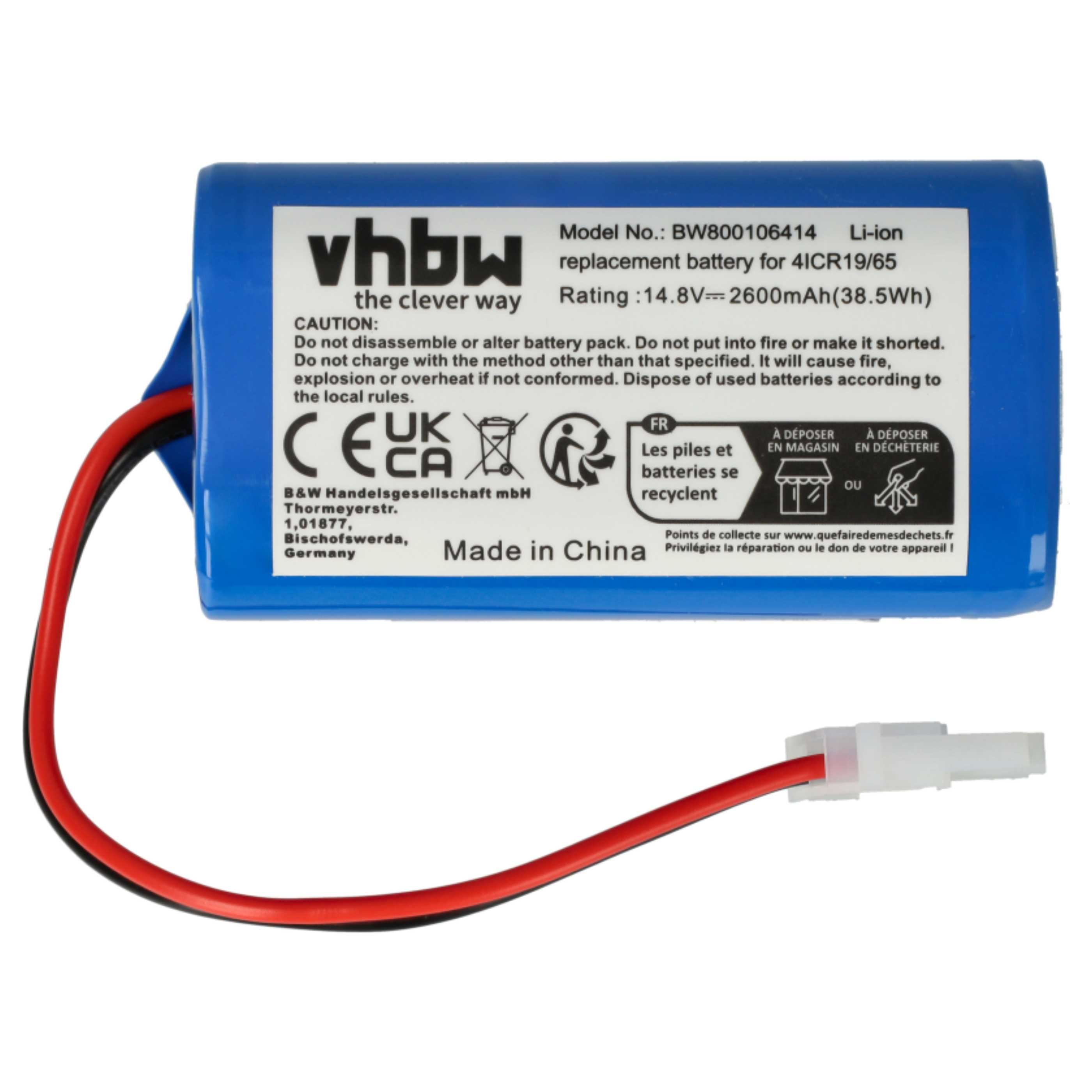 Blaue Batterie mit schwarzen und roten Drähten. Text enthält Modelldetails, Warnhinweise und Recyclingsymbole.
