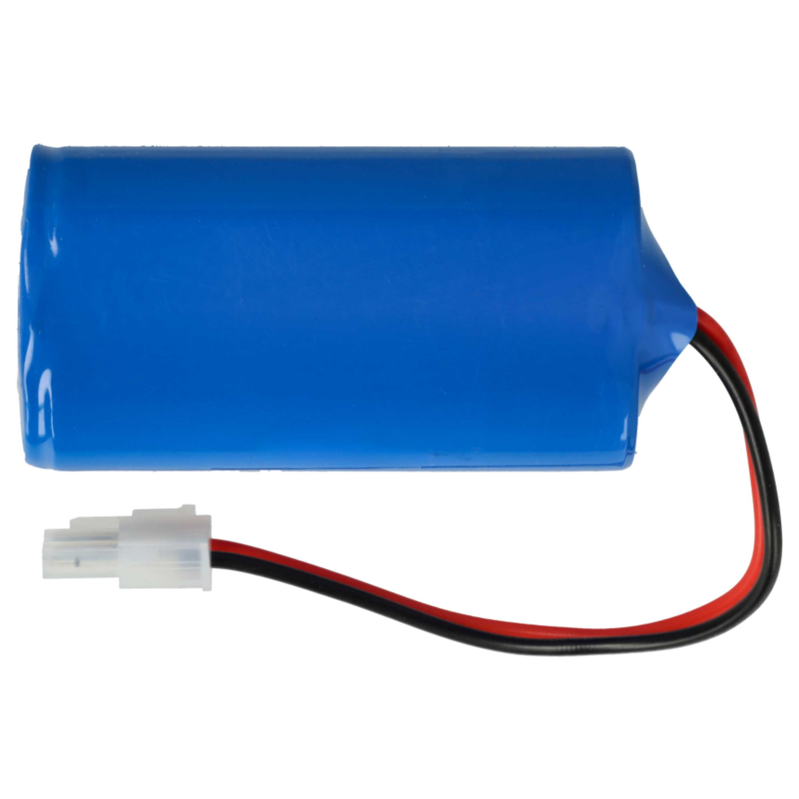 Eine blaue zylindrische Batterie mit weißem Stecker und schwarz/roten Drähten auf weißem Hintergrund.