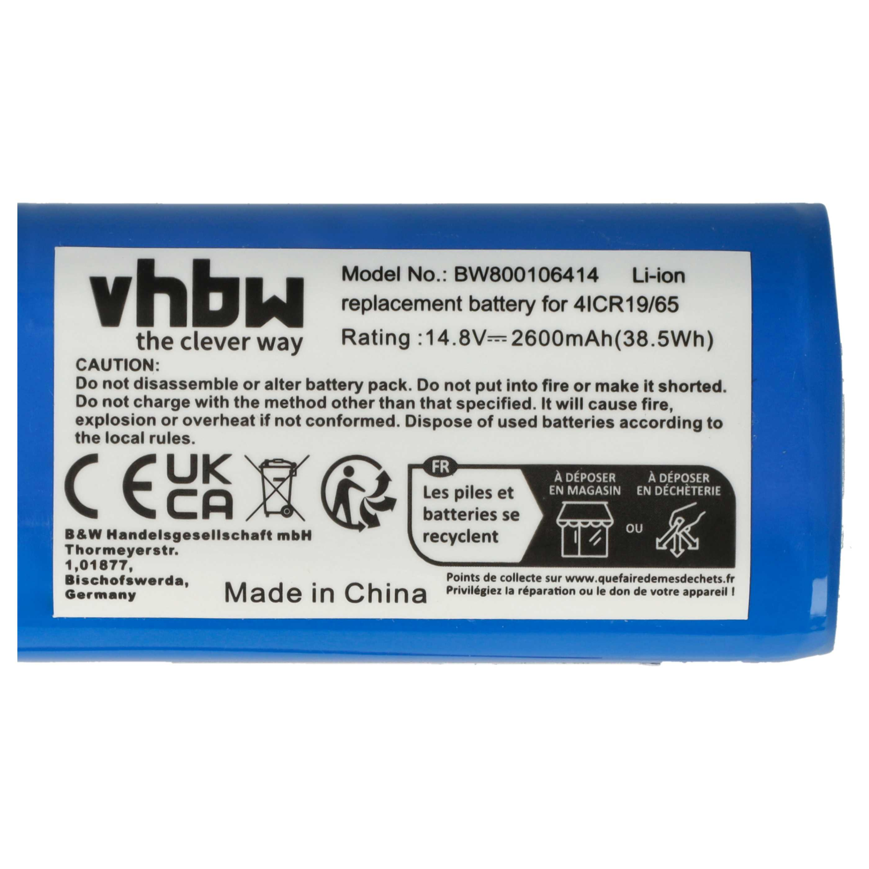 Eine blaue Batterie mit weißem Etikett und schwarzem Text. Es gibt Recycling-Symbole, Warnungen und technische Daten.