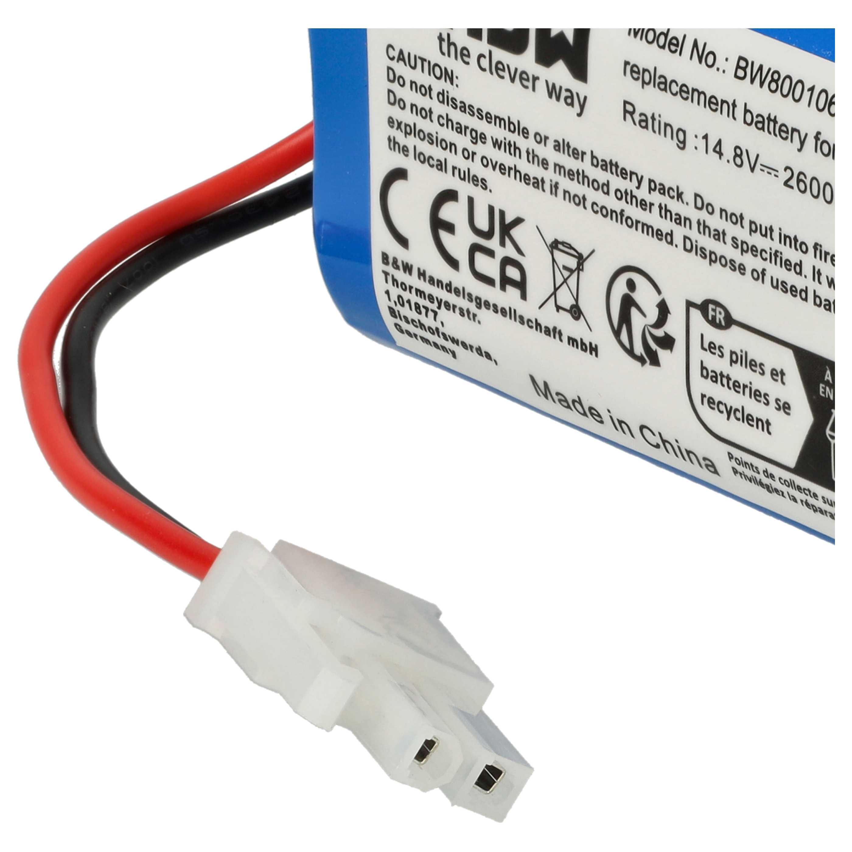 Ein Akku mit roten und schwarzen Drähten. Text darauf: BW800106, 14,8V, Vorsicht bei Demontage und Recycling.
