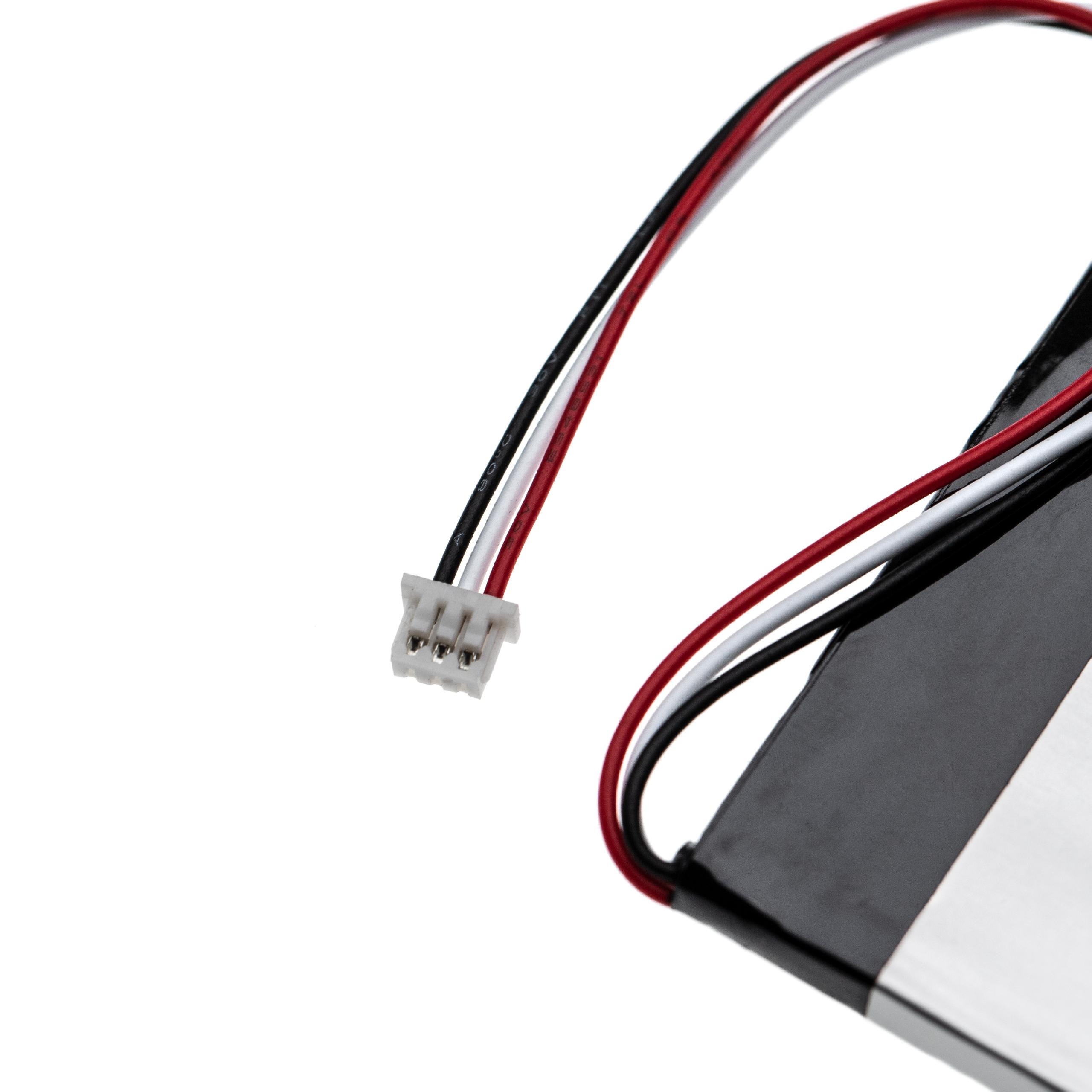 Bild zeigt eine Batterie mit Kabeln. Oben links befindet sich ein weißer Stecker. Die Drähte sind rot, weiß und schwarz.