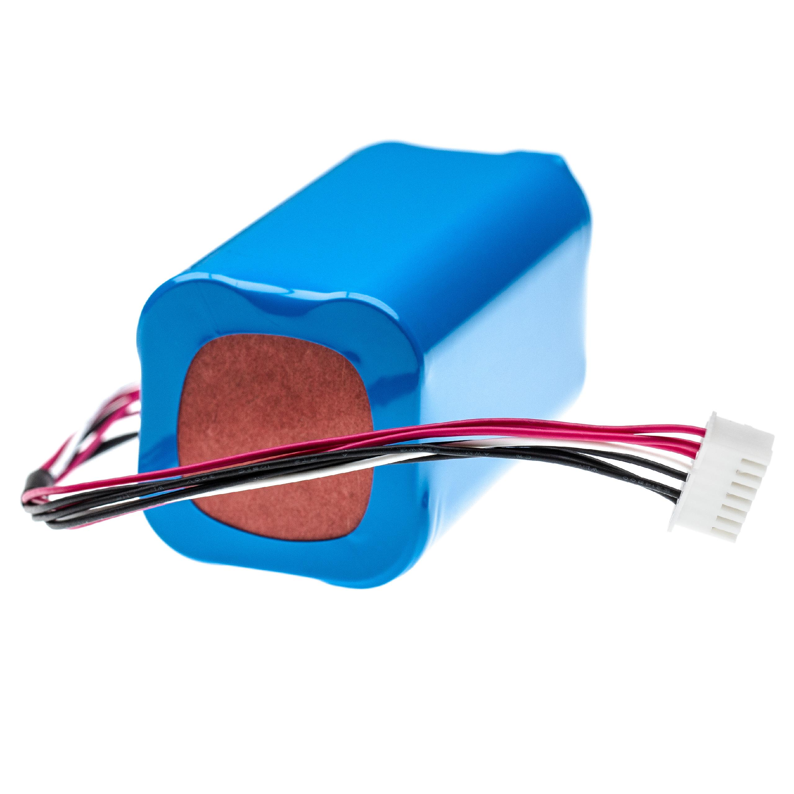Ein blauer Akku mit Drähten und einem Stecker. Der Akku hat einen braunen Kern. Drähte sind schwarz, weiß und rosa.