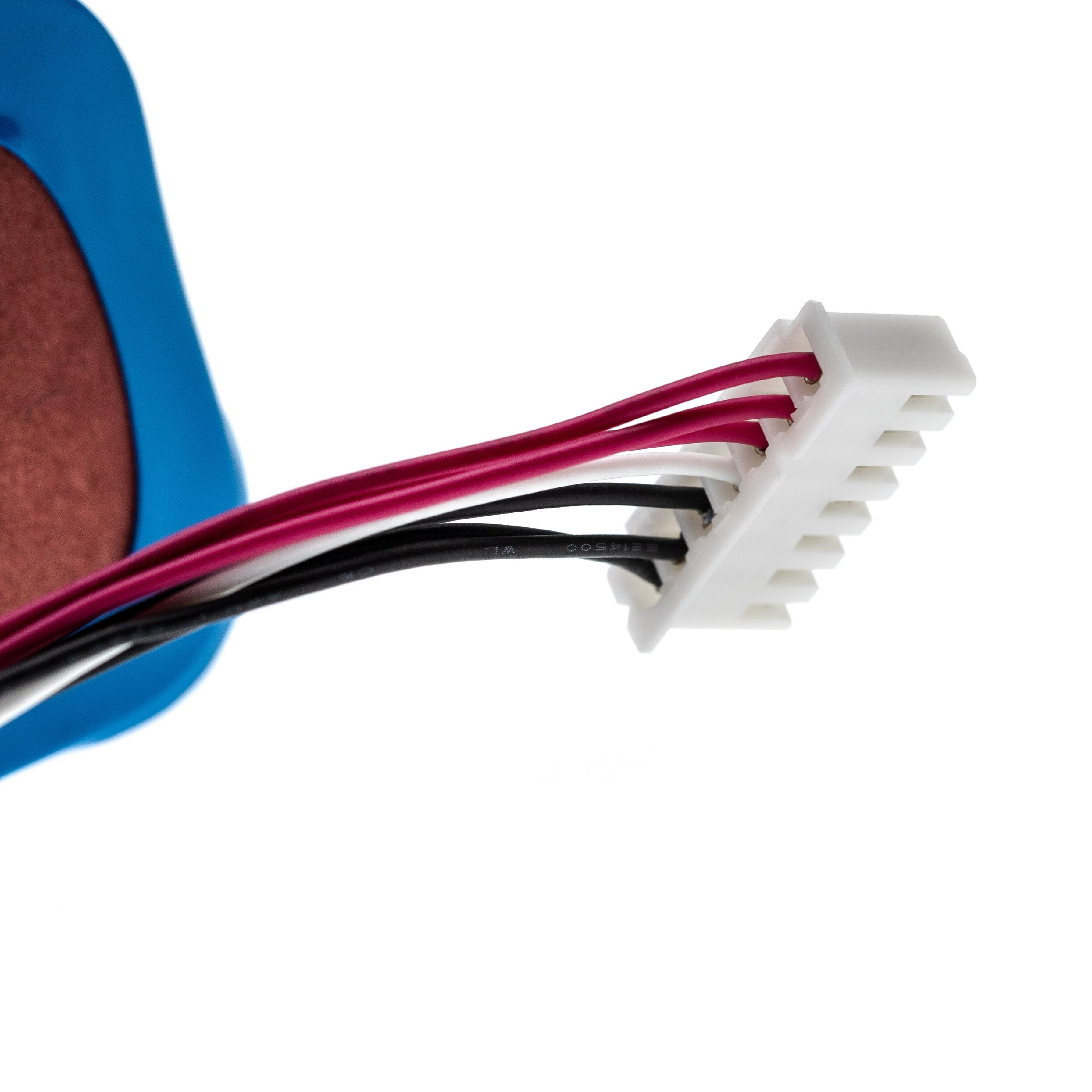 Ein weißer Stecker mit mehreren farbigen Drähten, rot, weiß und schwarz. Im Hintergrund befindet sich ein blaues und braunes Objekt.