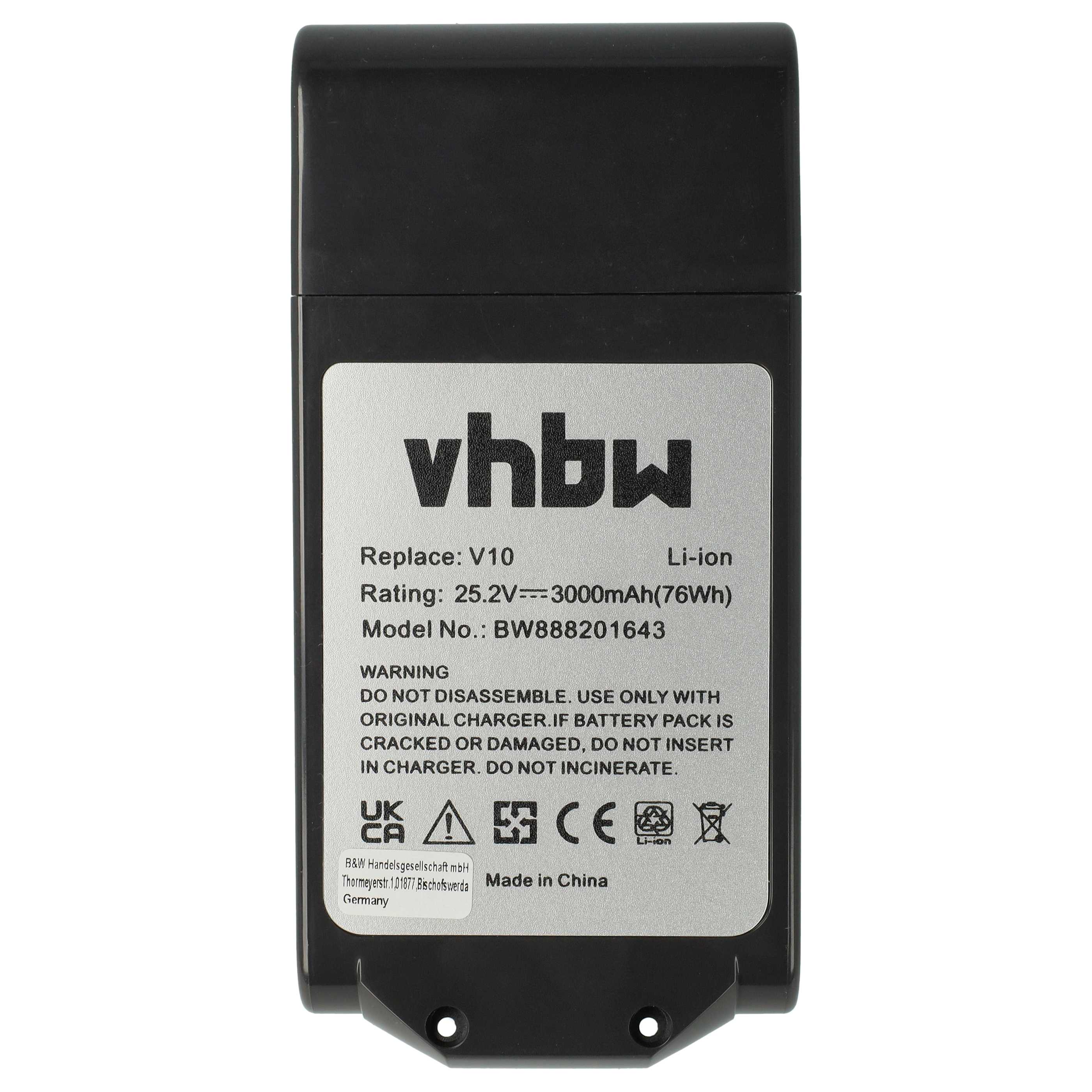 Schwarzer Akku mit silbernem Etikett. Text enthält 'vhbw', 'Li-Ion' und Warnhinweise. Hergestellt in China.