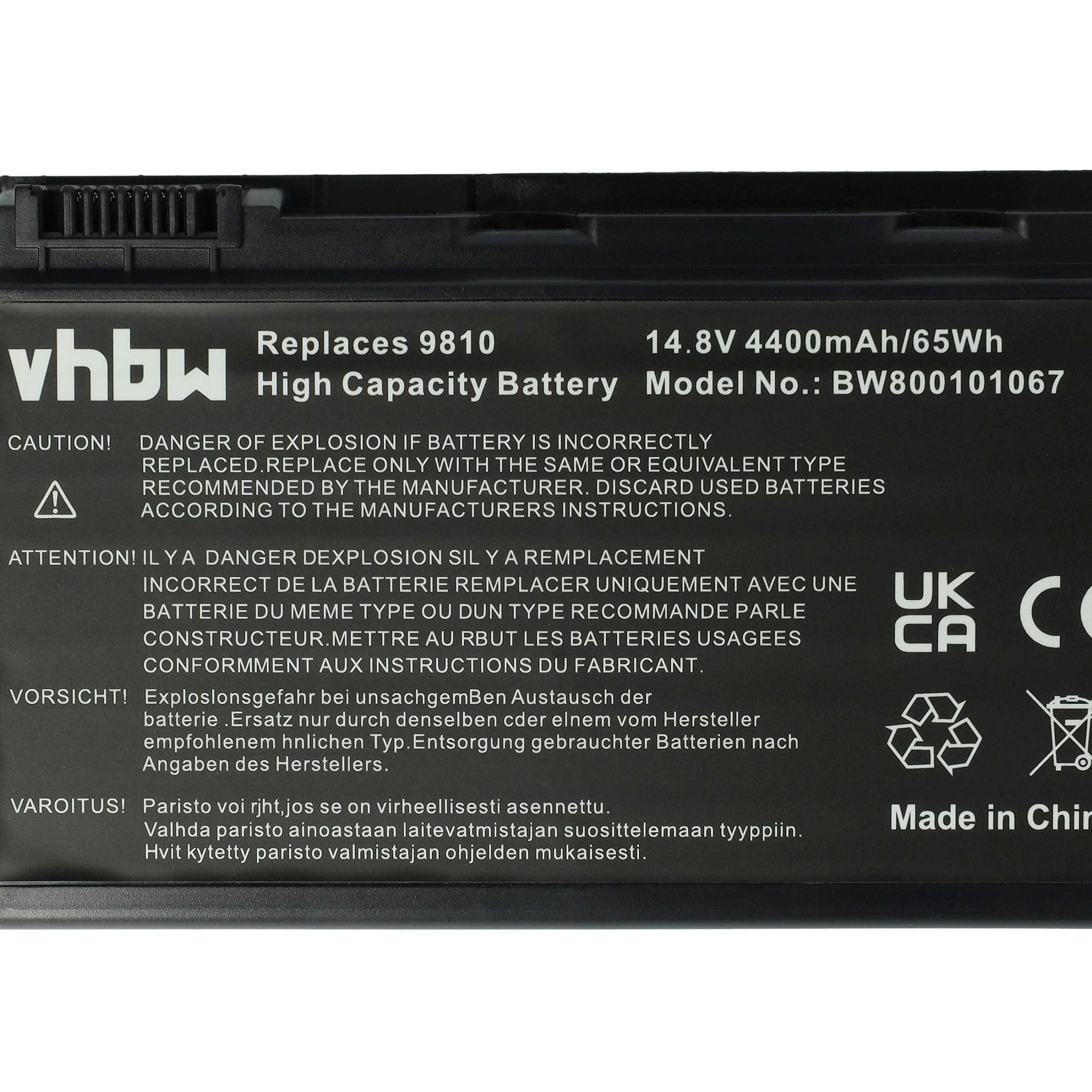Schwarzer Akku mit weißem Text: 'vhbw', 'High Capacity Battery', Warnungen und Spezifikationen. Der Hintergrund ist weiß.
