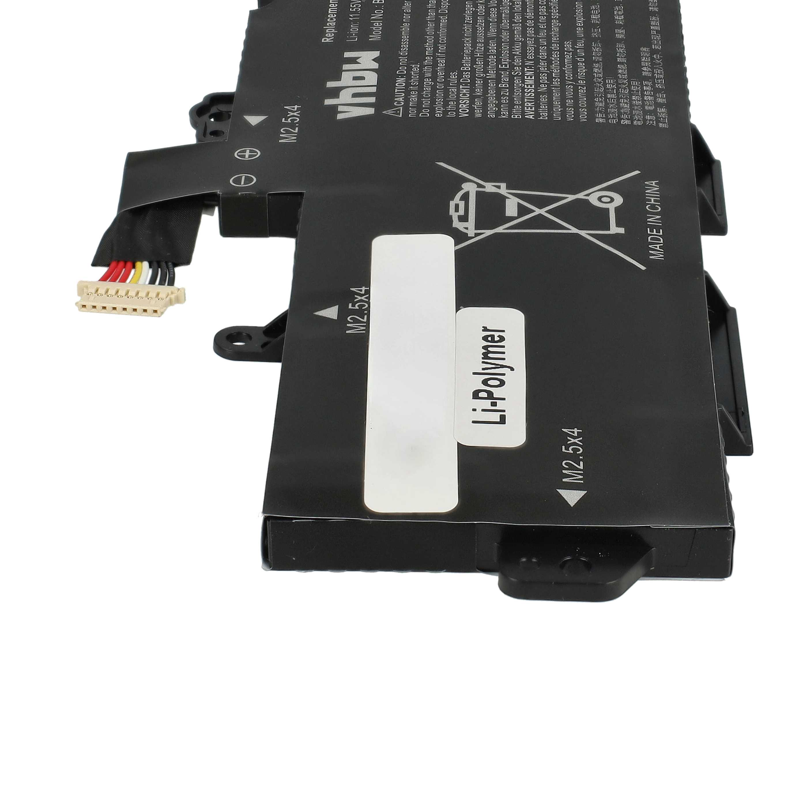 Schwarzer Laptop-Akku mit weißen Etiketten, Text und einem Stecker mit farbigen Drähten.