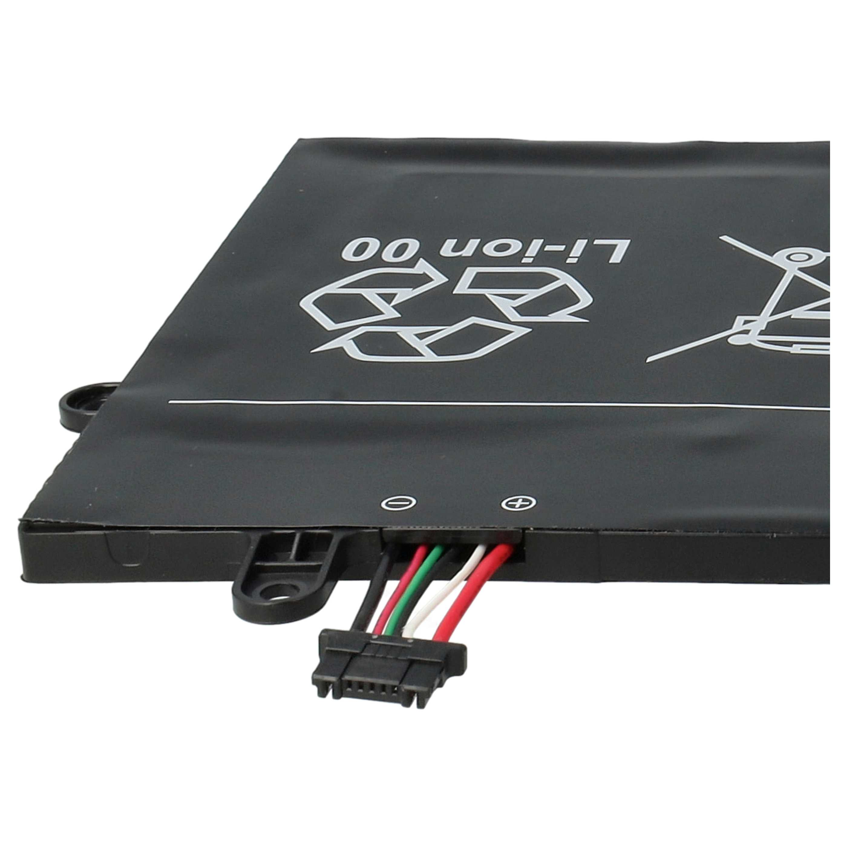 Ein schwarzer Li-Ionen-Akku mit Stecker und farbigen Drähten. Der Akku hat weißen Text und Symbole.