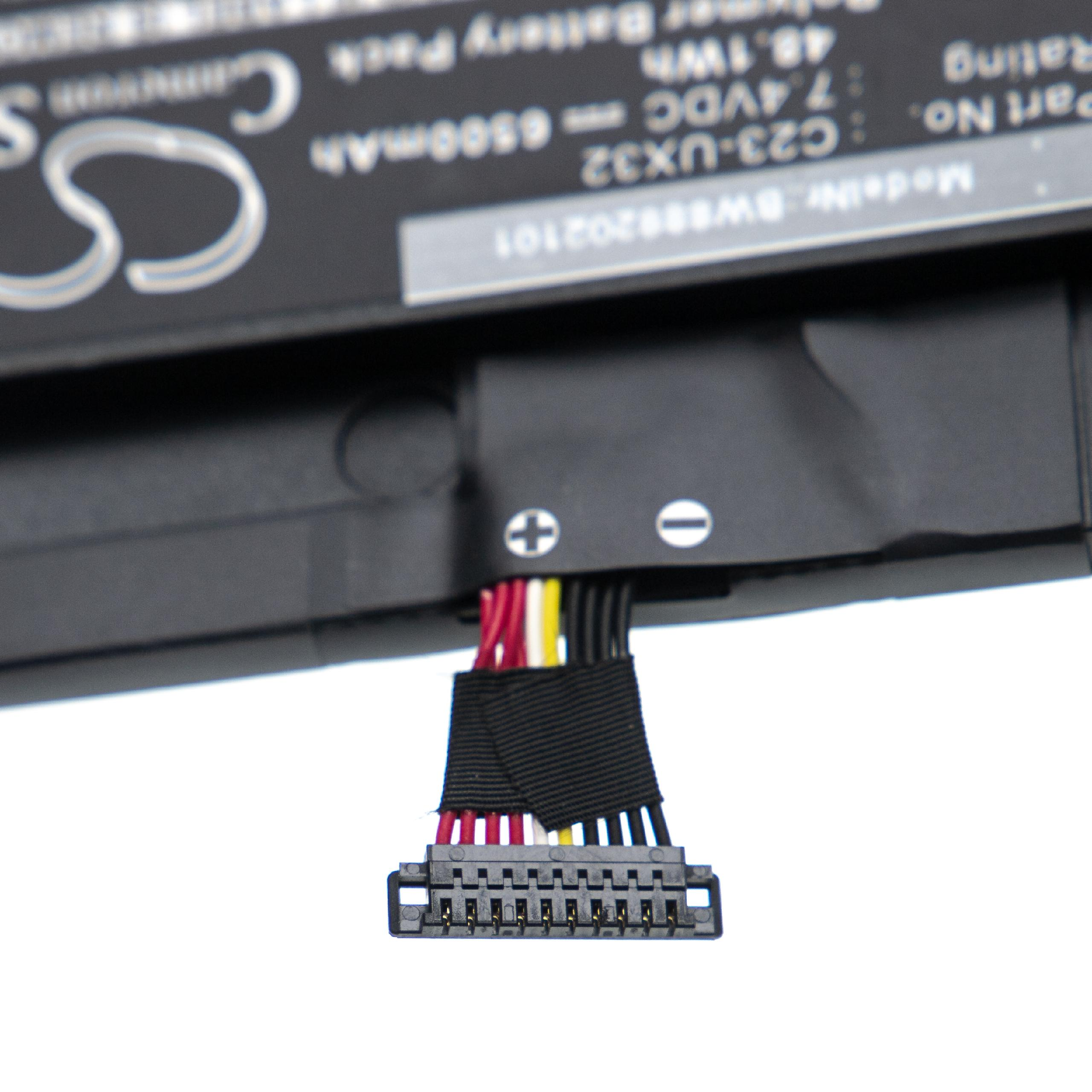 Akku mit Stecker, verschiedenfarbigen Drähten und Textaufklebern auf der schwarzen Oberfläche. Weißer Hintergrund.
