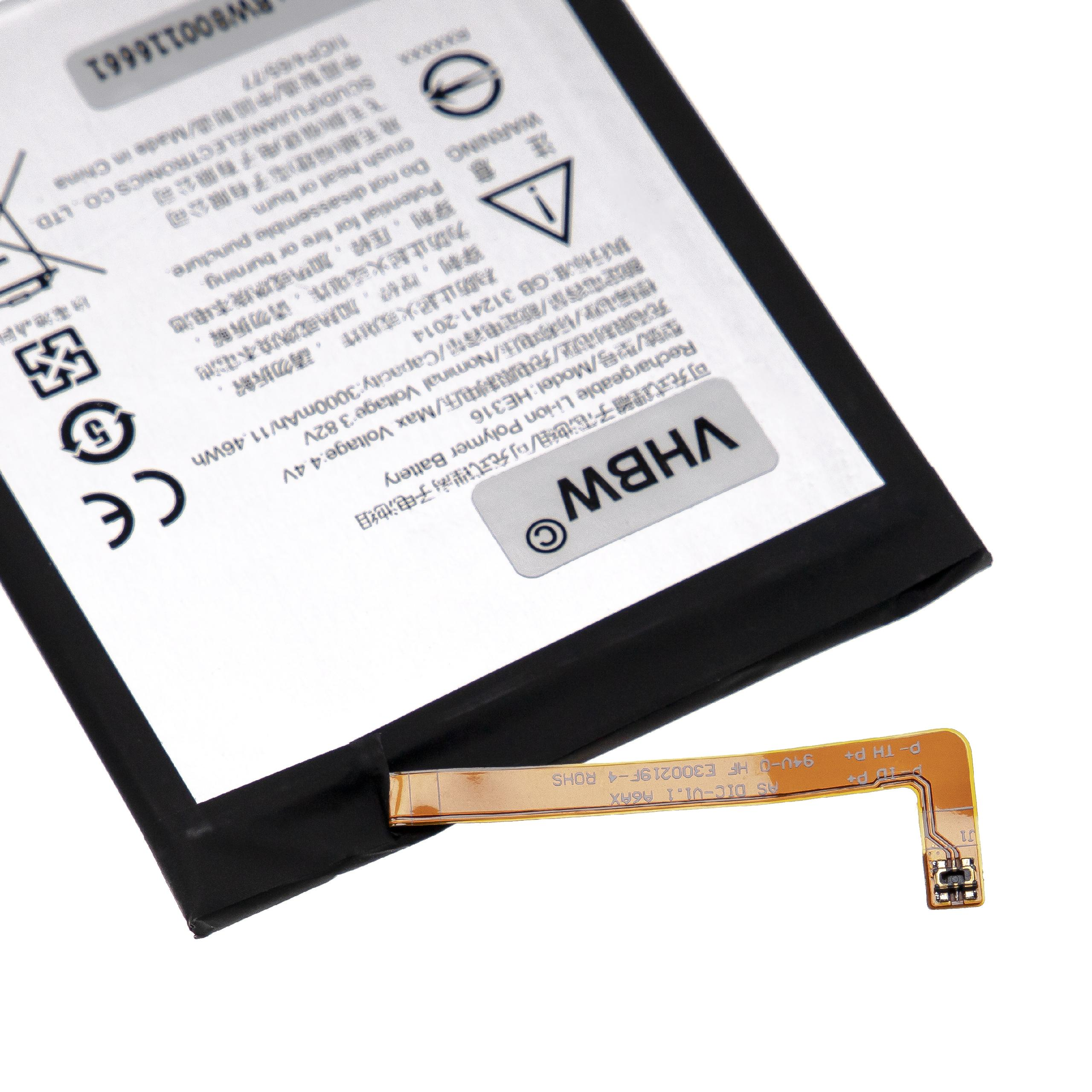 Akku mit Text, einem Flachbandkabel und einem Stecker. Schwarz-weißer Hintergrund mit Warnhinweisen.