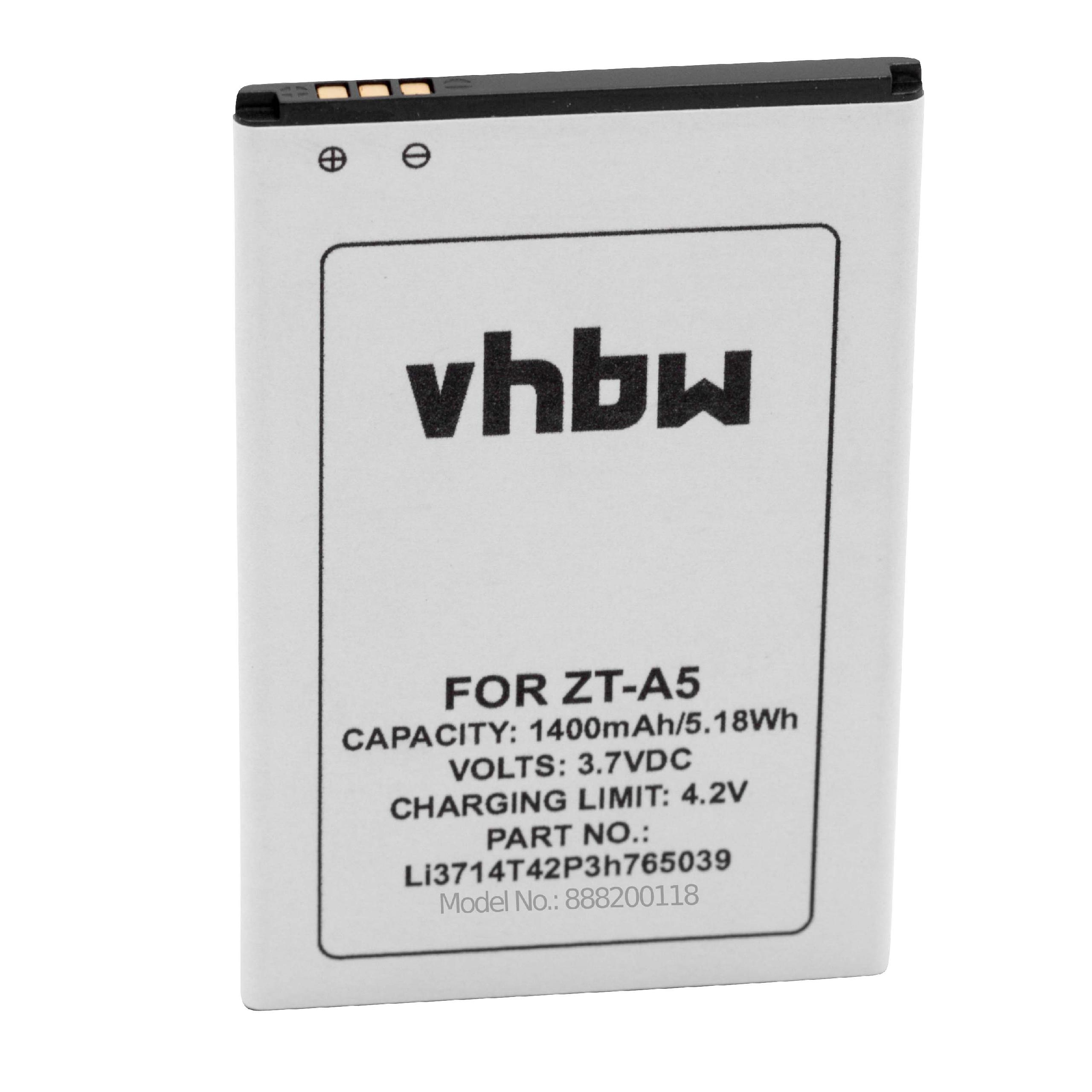 Ein weißer Akku mit schwarzem Text und einer schwarzen Oberseite. Der Text enthält 'vhbw', 'FOR ZT-A5' und technische Daten.