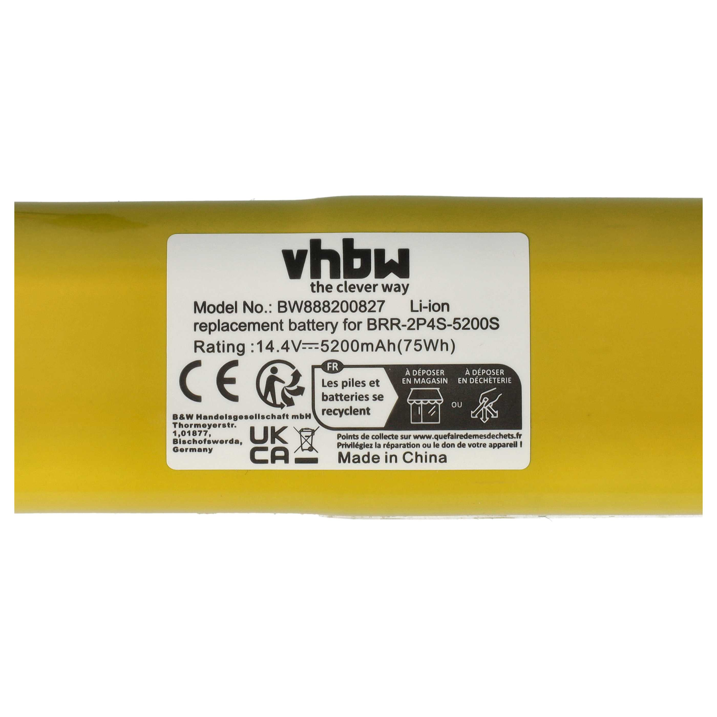 Ein gelber Akku mit weißem Etikett. Text enthält 'vhbw', Modellnummer und Recycling-Symbole.