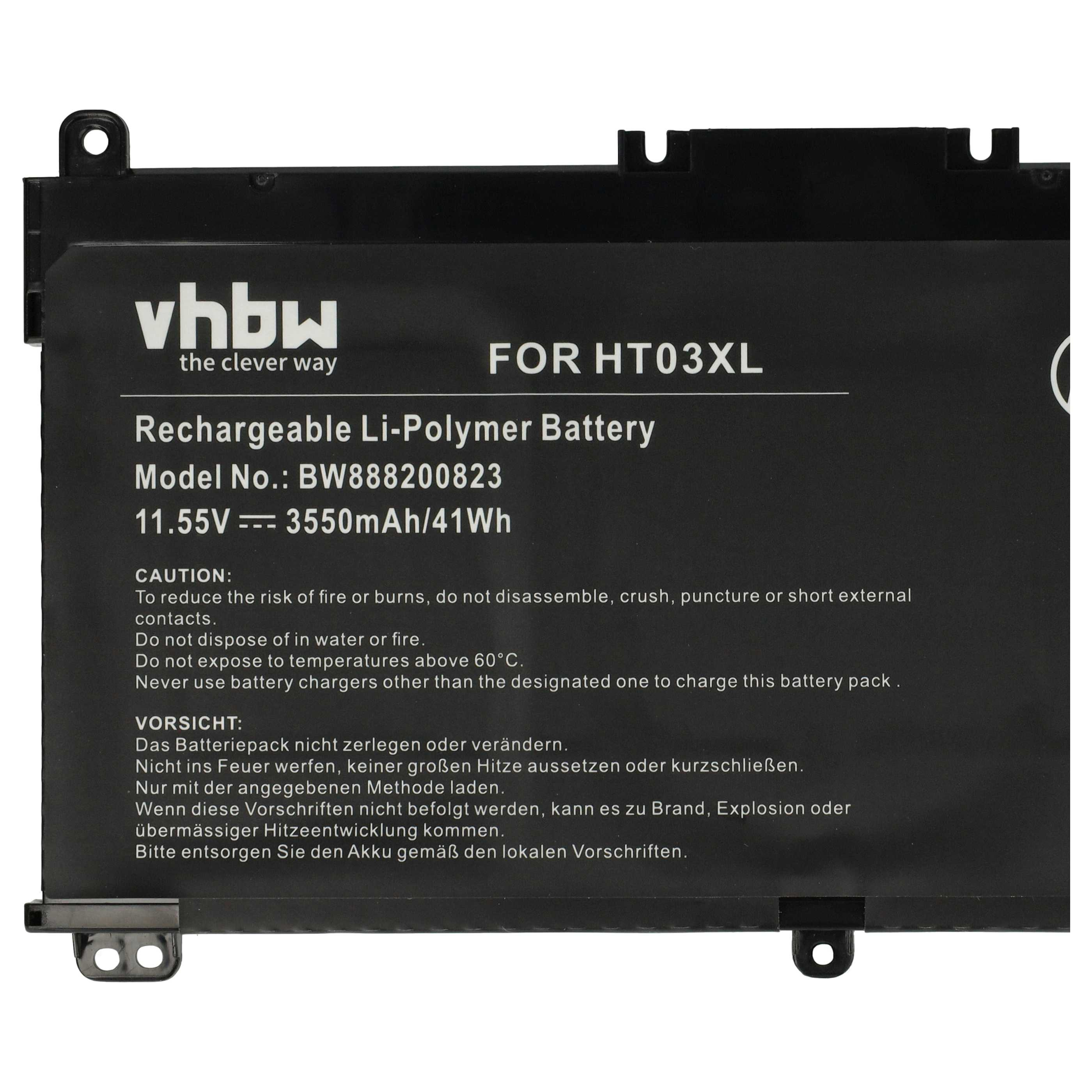 Schwarzer Akku mit weißem Text. Es steht vhbw, Modellnummer, Spannung und Warnhinweise.