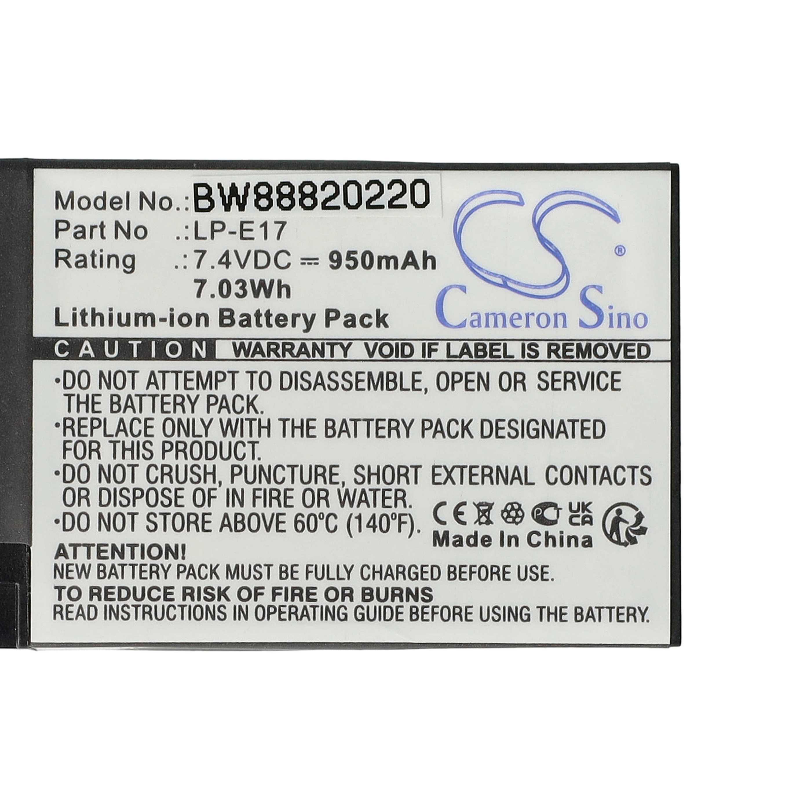 Weißes Etikett mit schwarzem Text. Details umfassen Batteriemodell, Teilenummer, Spannung und Warnhinweise. Oben befindet sich ein Logo.