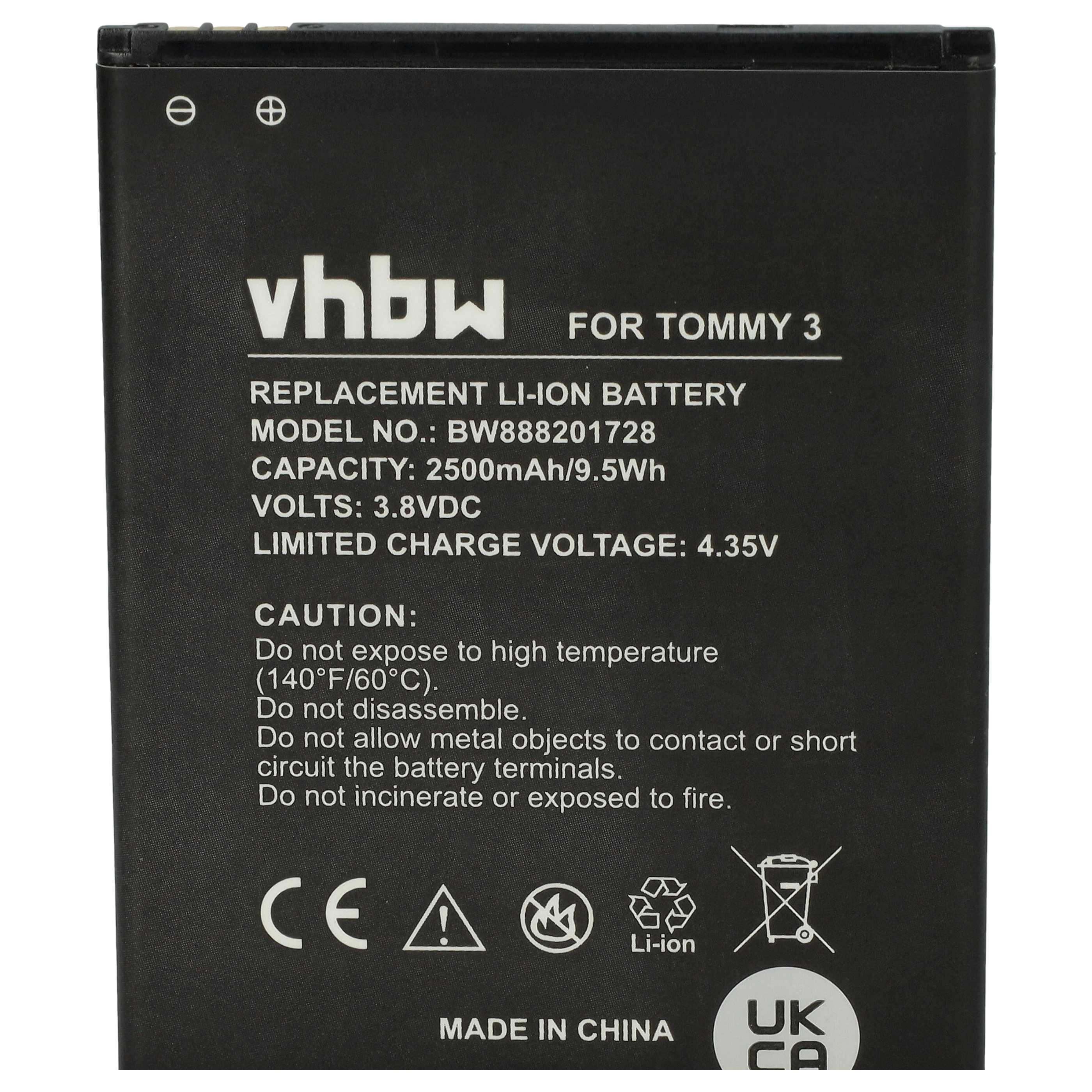 Schwarzer Akku mit weißem Text. Der Text enthält Batterieinformationen, Warnhinweise und Symbole.