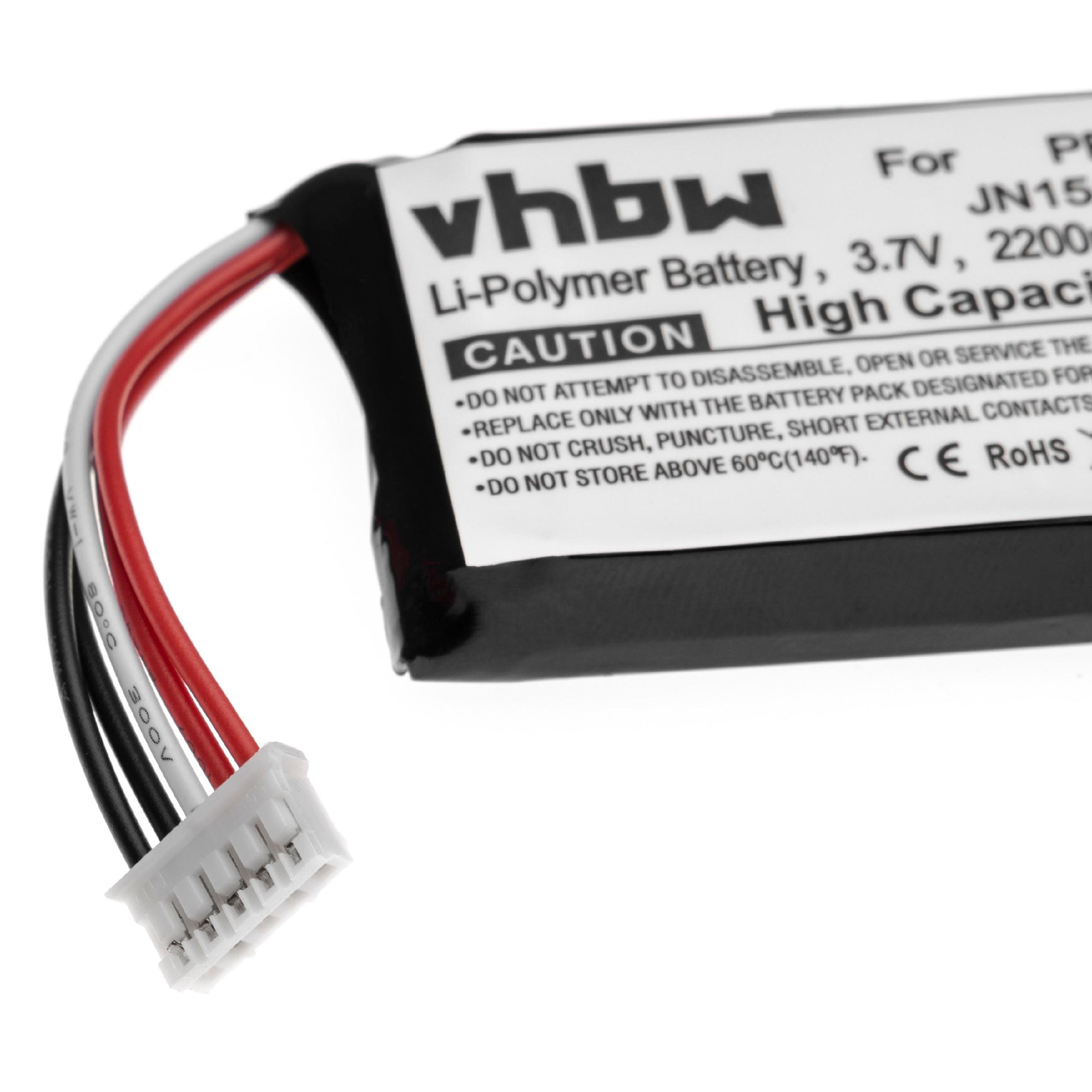 Ein Akku mit weißem Stecker und schwarzen, roten und weißen Drähten. Es hat Text: vhbw, Li-Polymer-Akku und VORSICHT.
