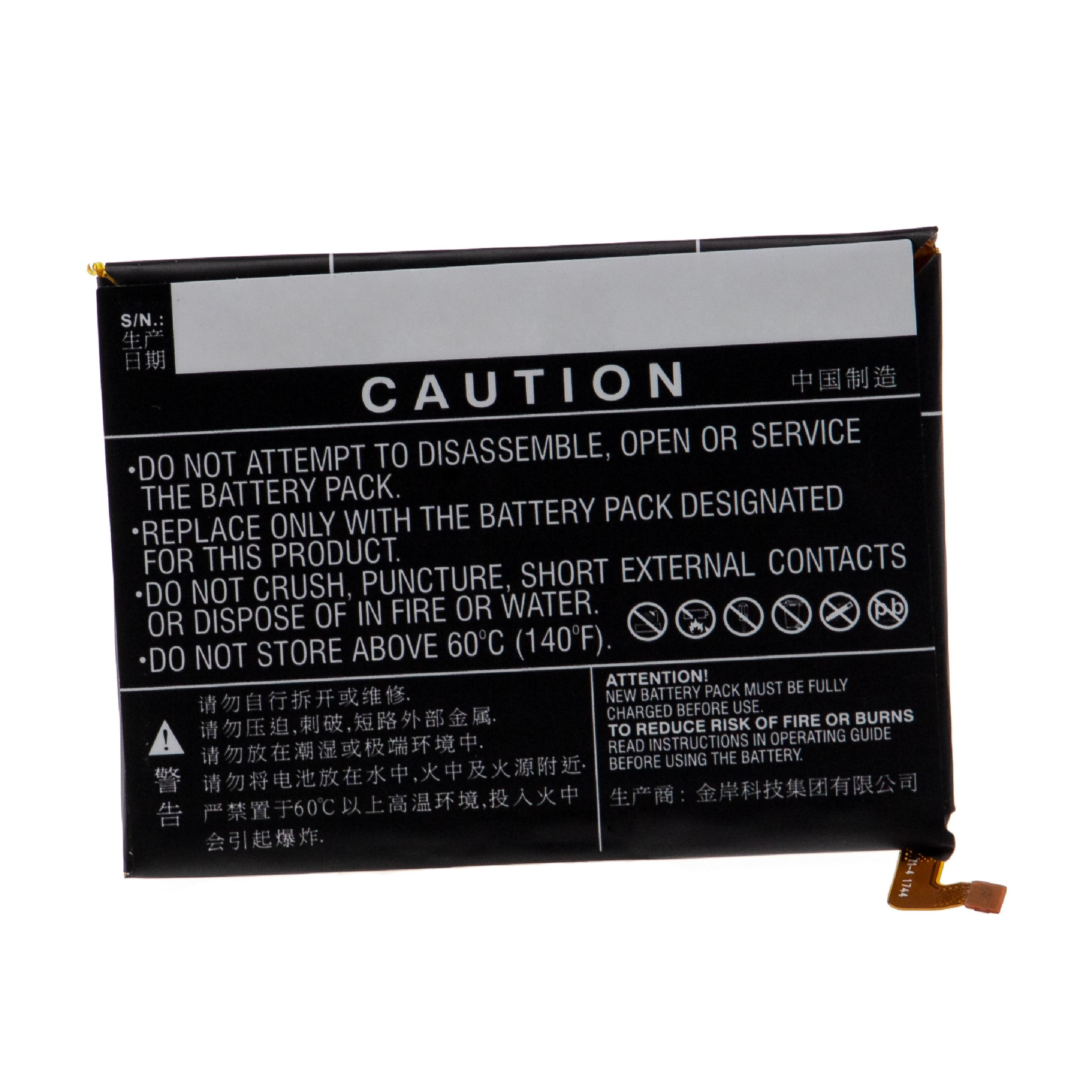 Ein schwarz-weißes Warnschild mit Text in Englisch und Chinesisch. Es warnt vor falscher Verwendung der Batterie, einschließlich Feuer und extremer Temperaturen.