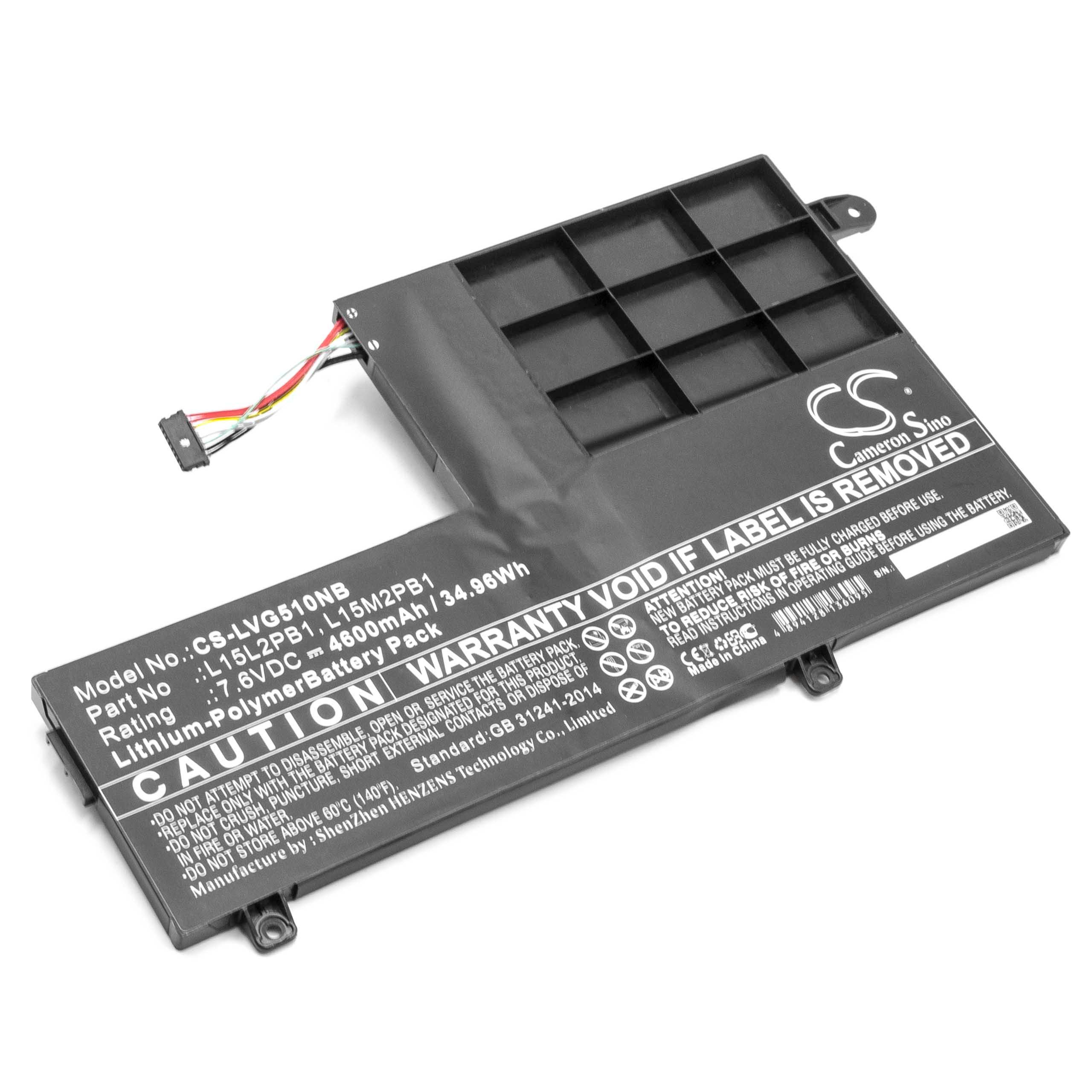 Ein schwarzer Laptop-Akkupack mit Text und Warnhinweisen. Es hat einen Stecker und Etiketten mit Spezifikationen.