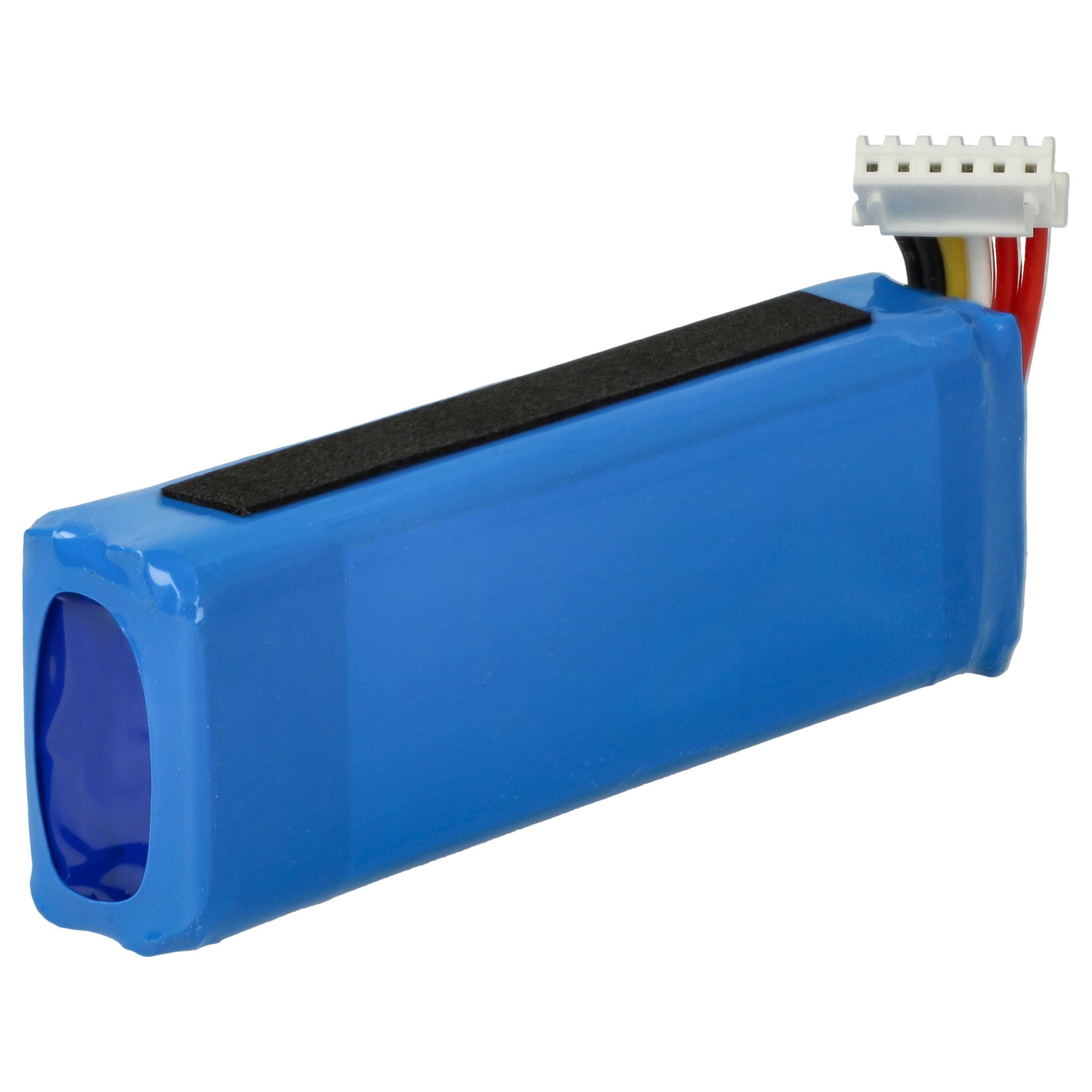 Ein blauer Akku mit einem schwarzen Streifen und einem weißen Stecker mit farbigen Drähten.