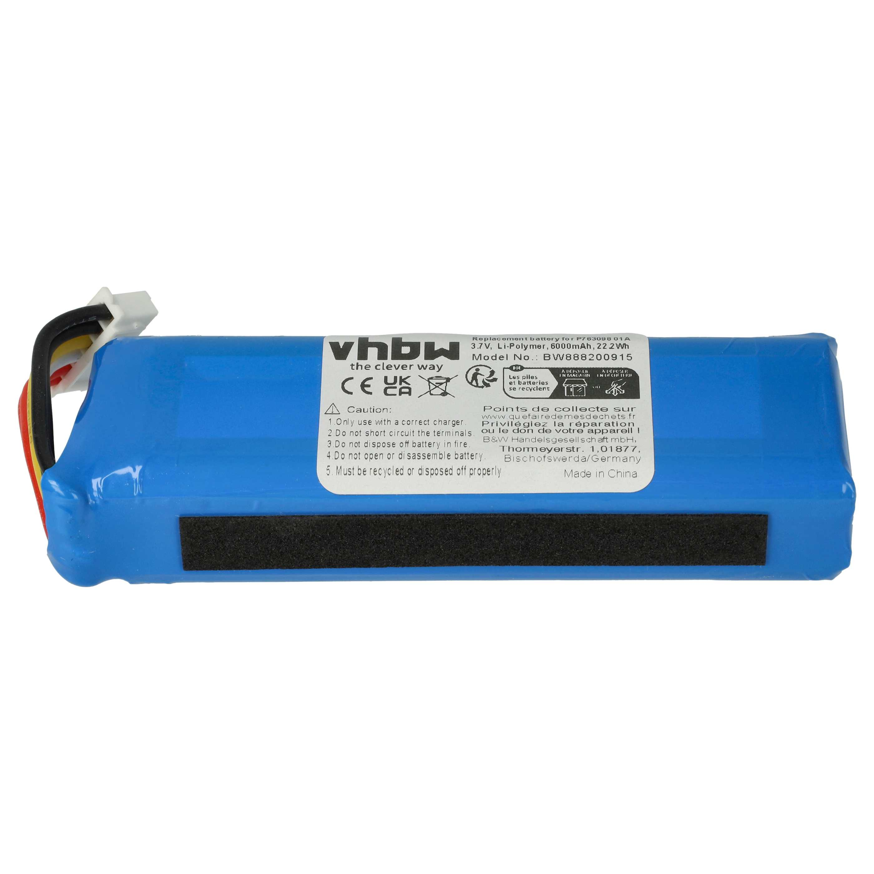 Blauer Akku mit weißem Stecker und schwarzem Pad. Text enthält "vhbw" und Warnhinweise.