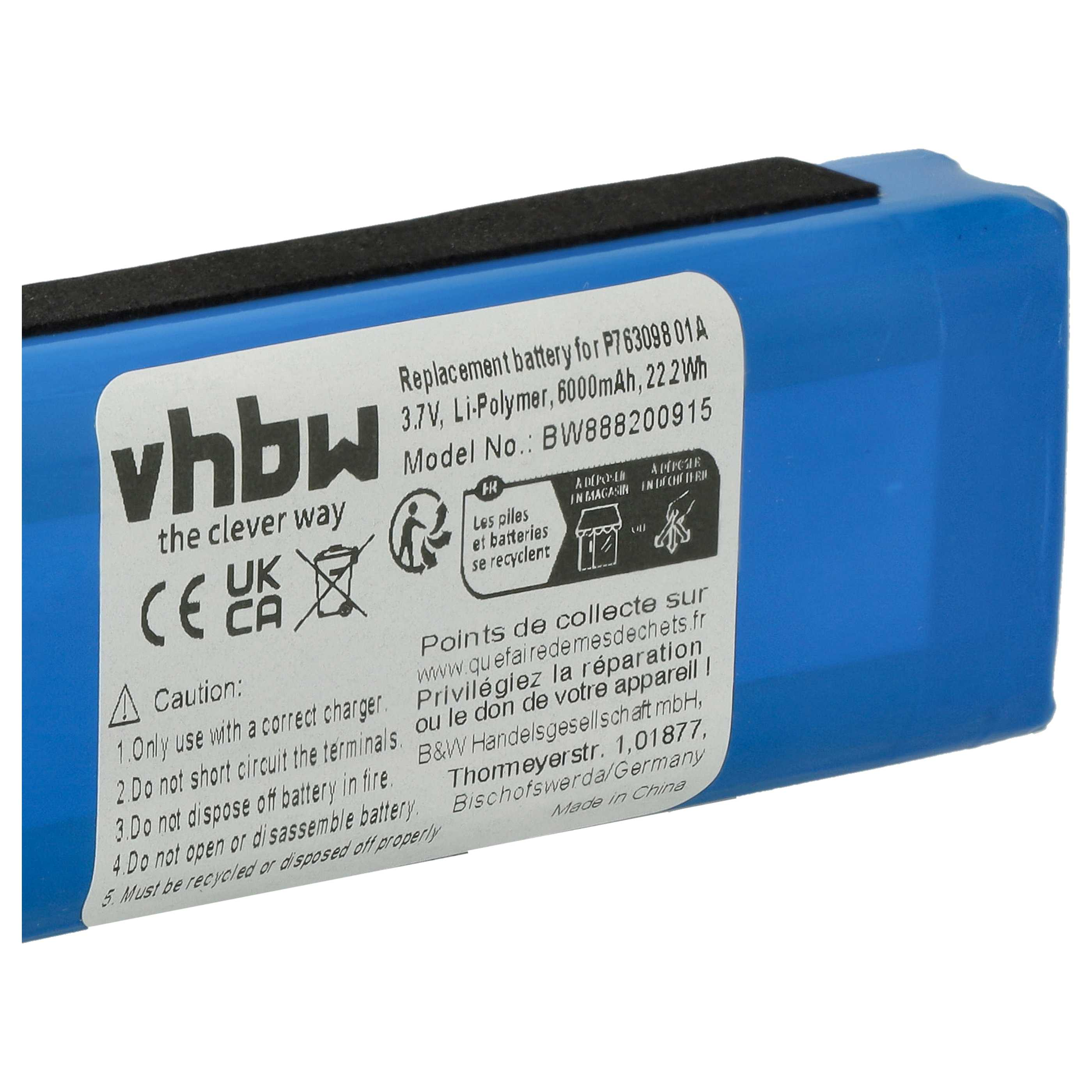 Blauer Akku mit weißem Text, schwarze Oberseite. Text enthält Batterieinformationen, Warnungen und Recyclinganweisungen.