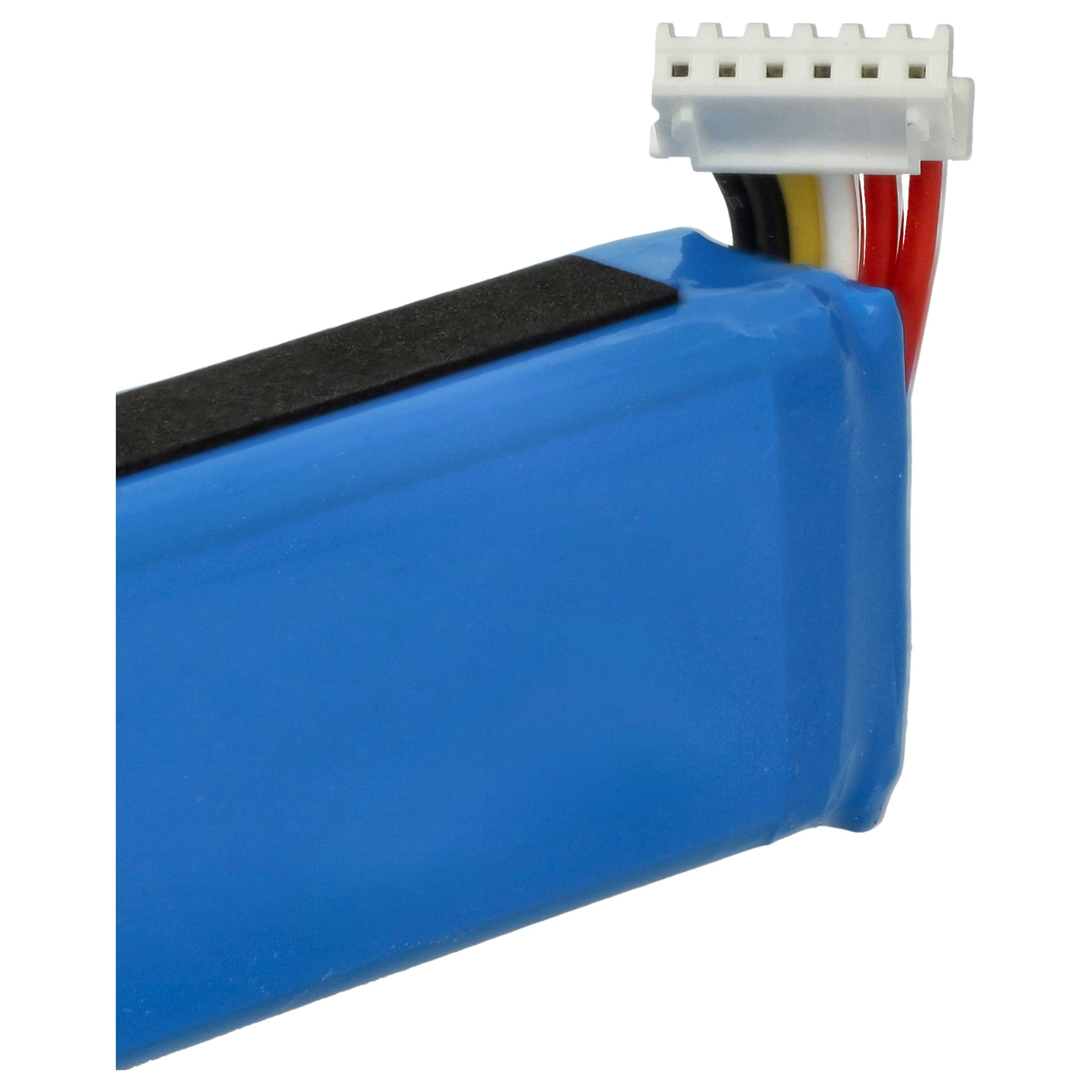Ein blauer Akku mit einem schwarzen Streifen und einem weißen Stecker mit farbigen Drähten.