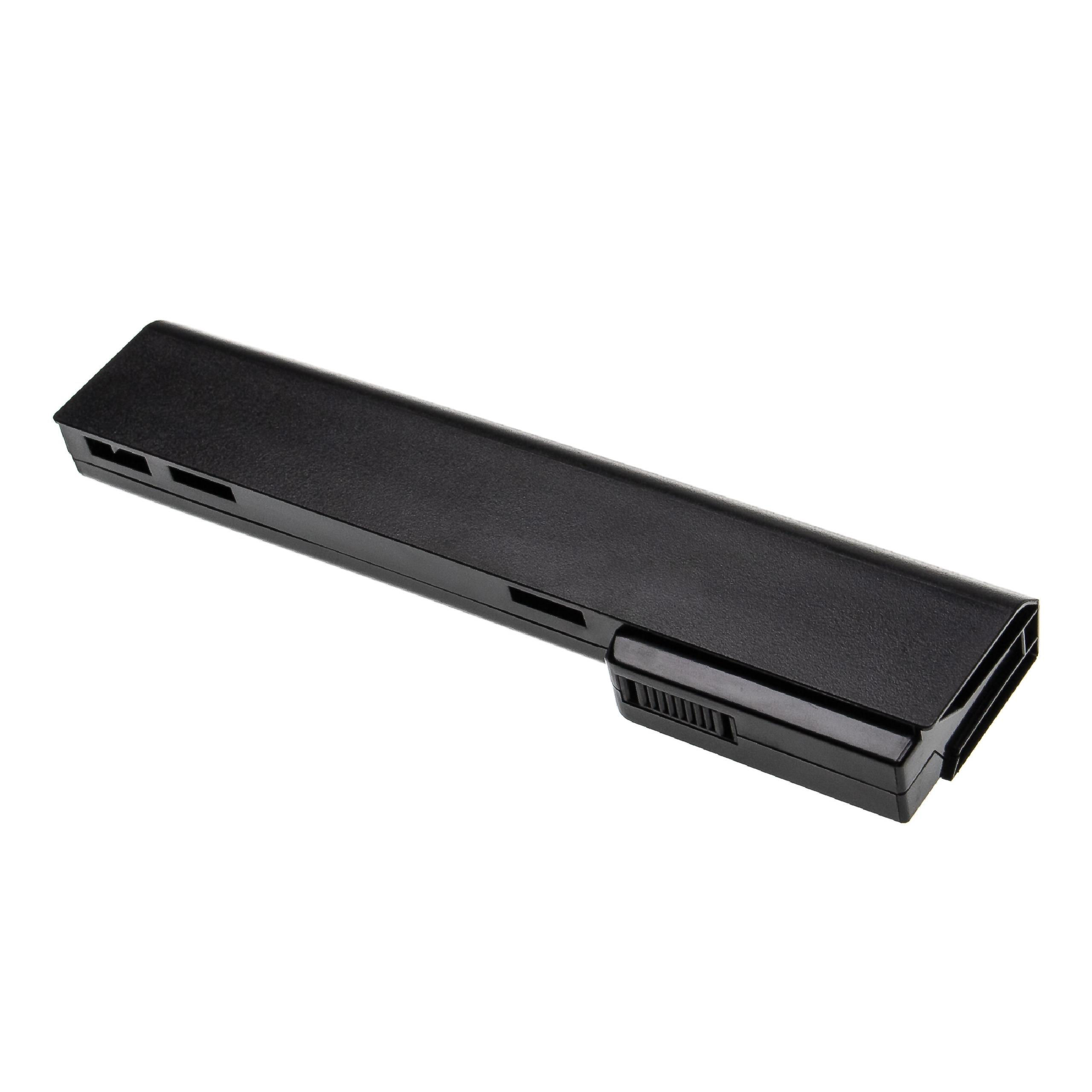 Ein schwarzer Laptop-Akku auf weißem Hintergrund. Der Akku ist rechteckig mit einem Schiebemechanismus.