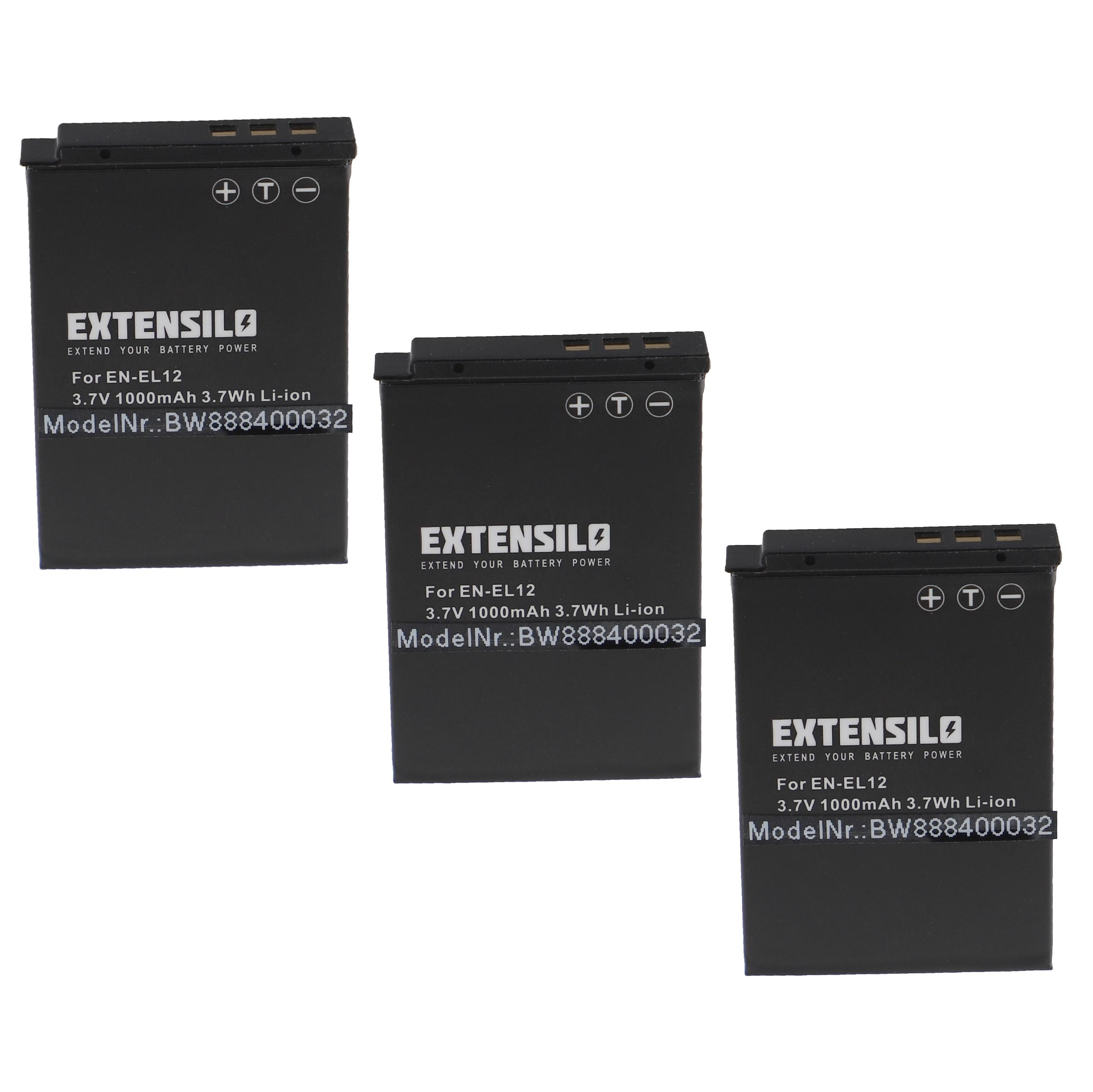 Drei schwarze rechteckige Batterien mit weißem Text. Jede hat ein Plus-, T- und Minus-Symbol. Die Marke EXTENSILO ist sichtbar.