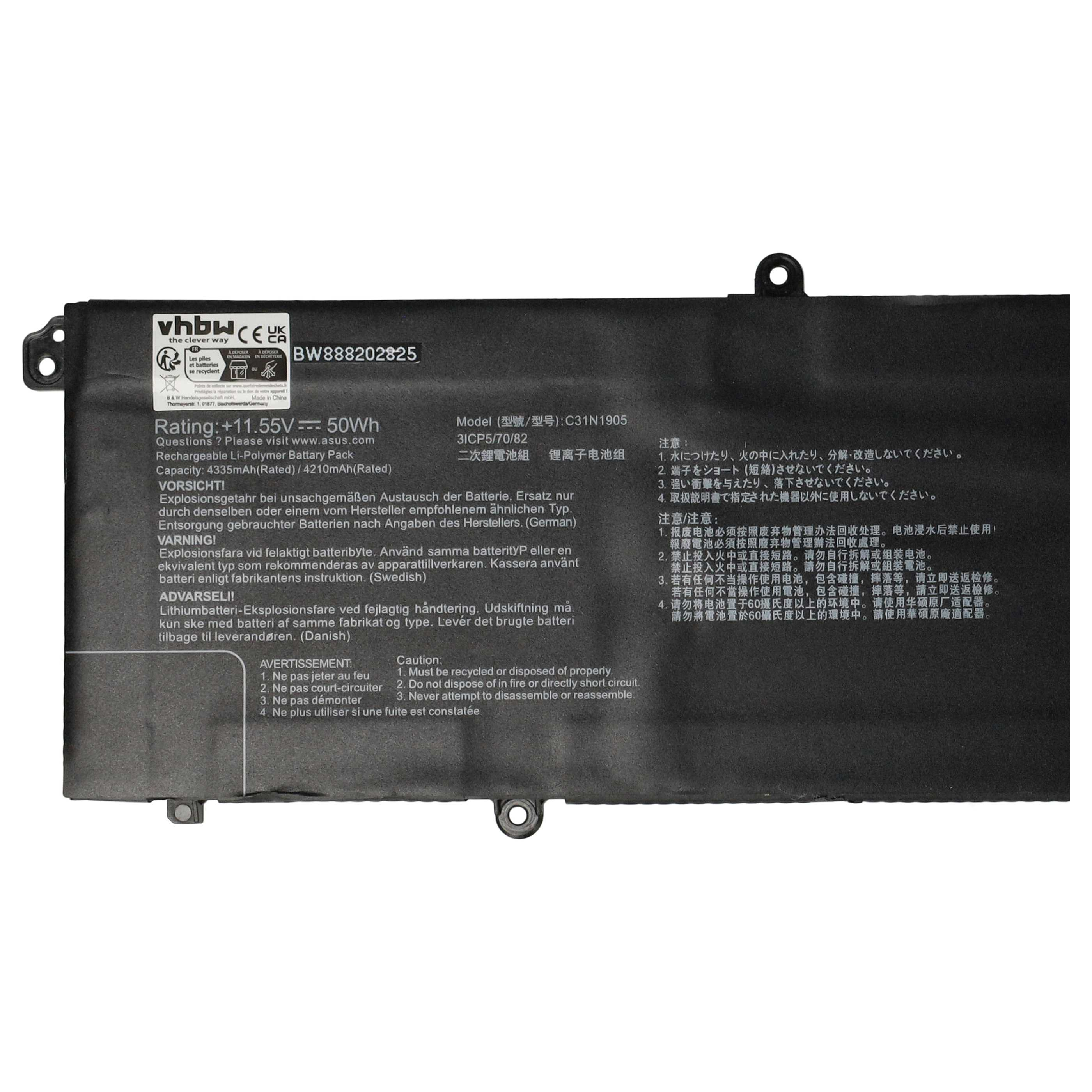 Ein Batterieetikett mit Warnhinweisen, Modellinformationen und Recyclinganweisungen, schwarz mit weißem Text.