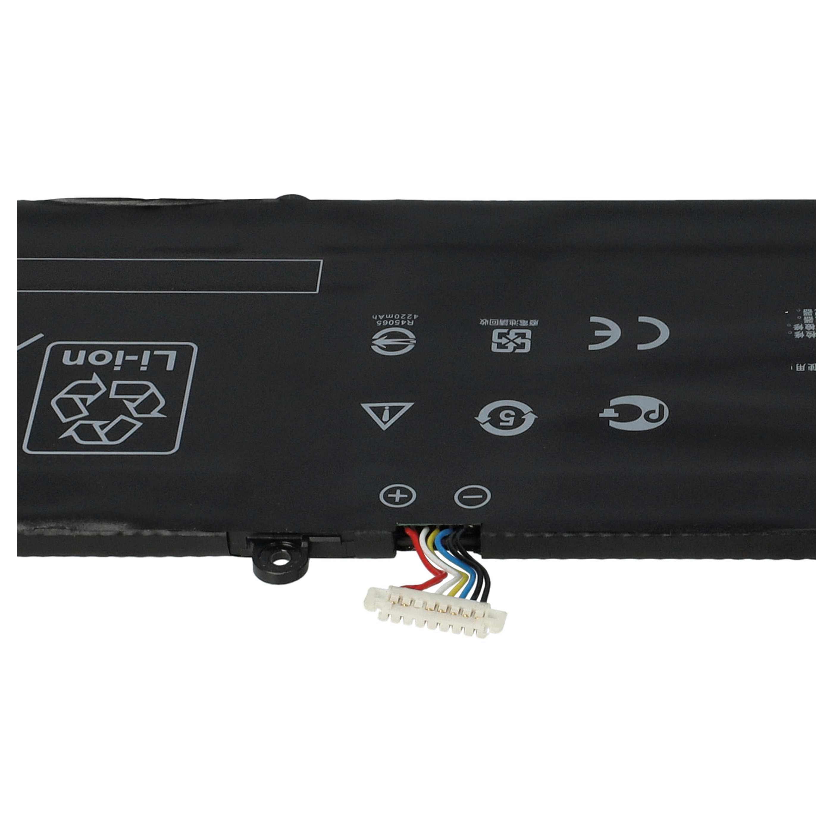 Schwarzer Li-Ionen-Akku mit weißem Stecker und bunten Drähten. Verschiedene Symbole und Text sind auf der Batterie gedruckt.