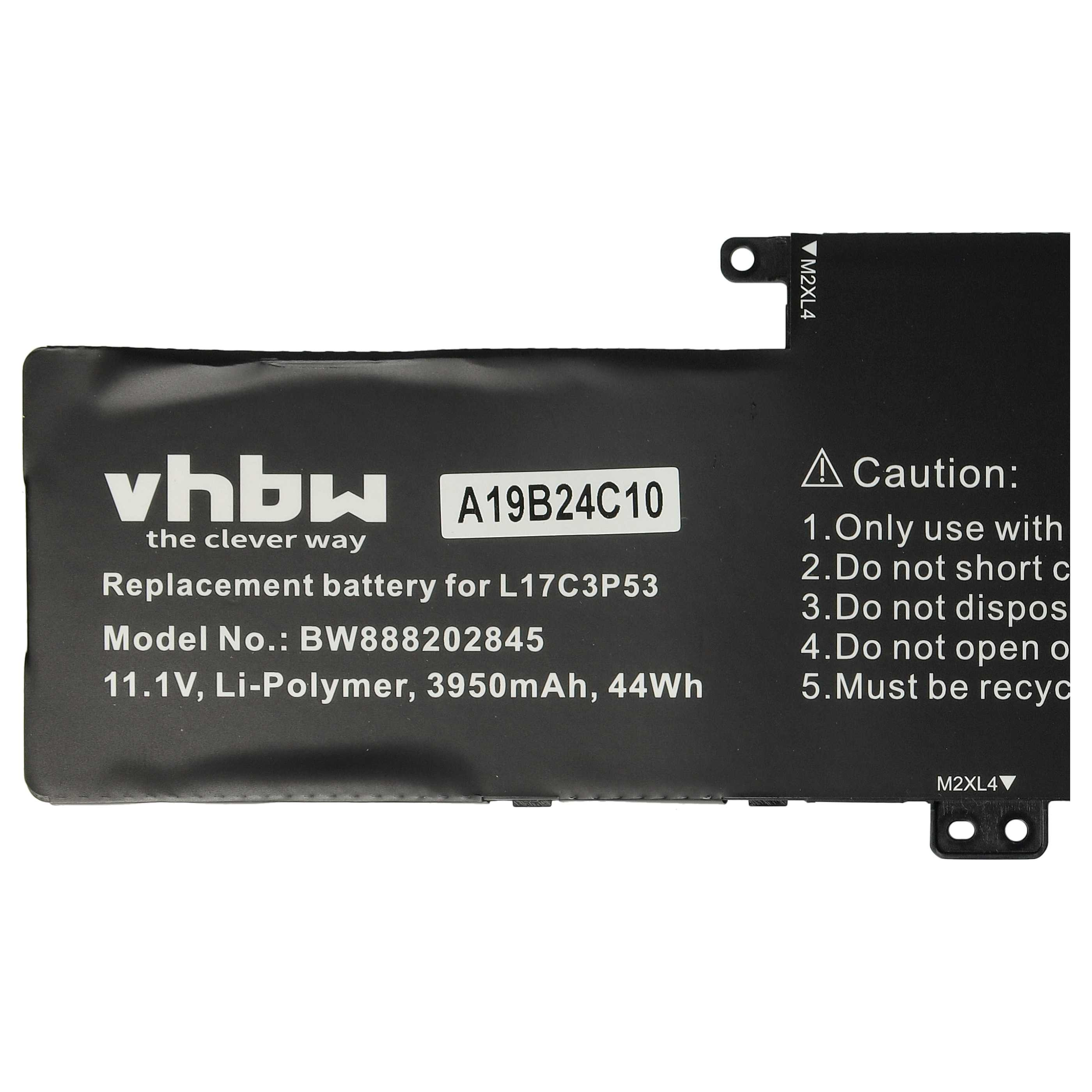 Schwarzer Laptop-Akku mit weißem Text: vhbw, A19B24C10, Ersatzakku, Warnungen. Es ist für das Modell L17C3P53.