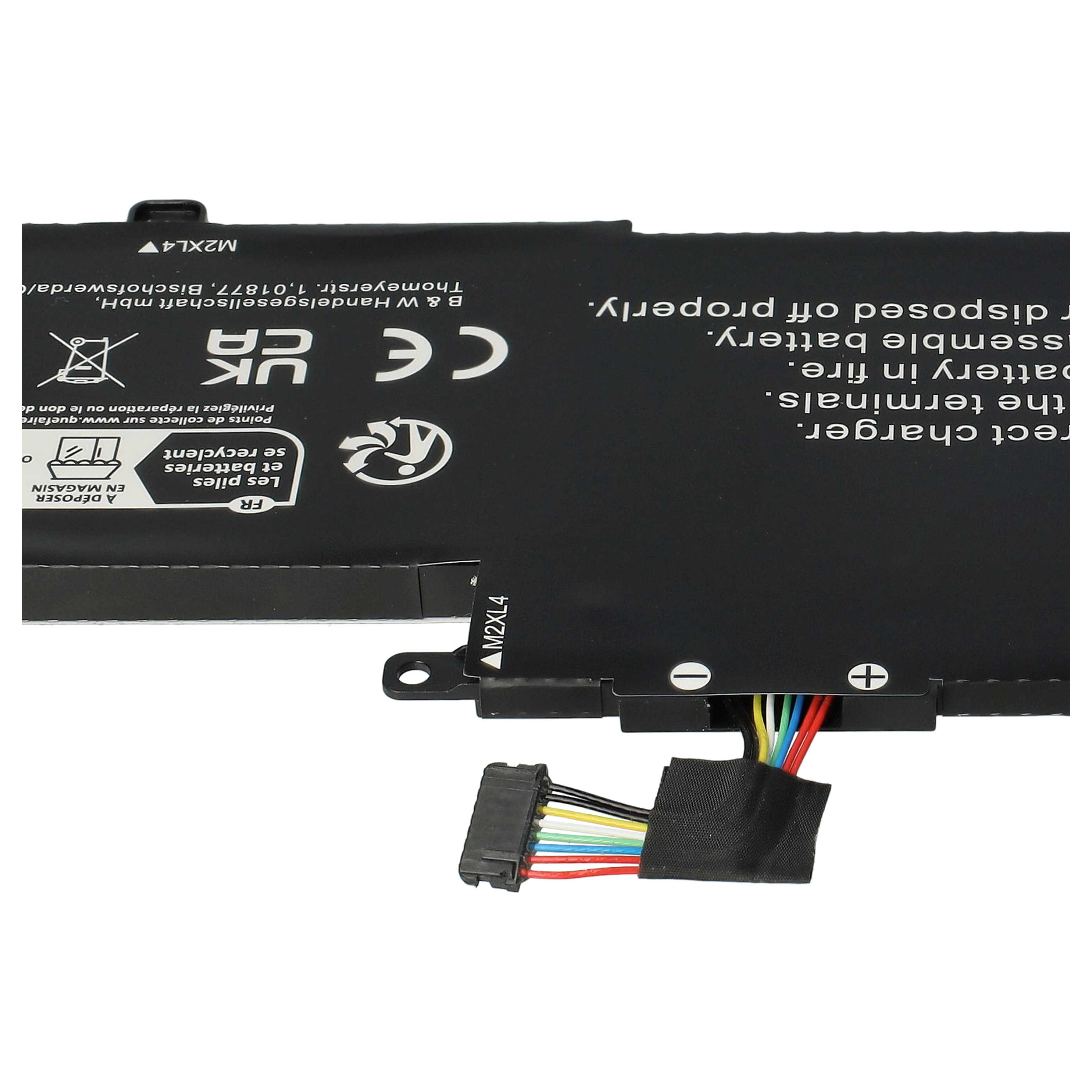 Ein schwarzer Laptop-Akku mit angeschlossenen farbigen Drähten und einem Stecker. Der Akku hat Markierungen.
