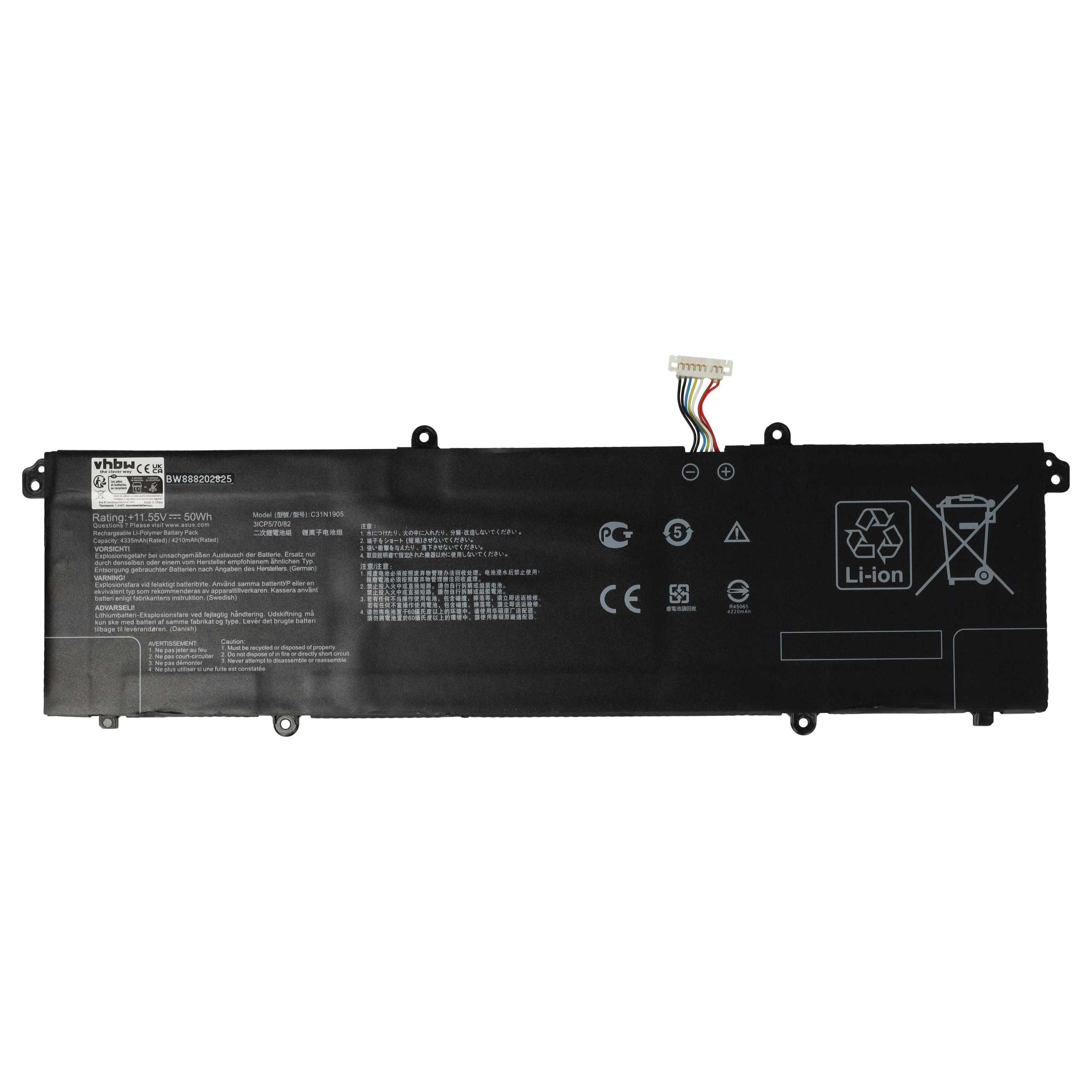 Schwarzer Laptop-Akku mit weißem Text und Logos. Er hat einen Stecker und verschiedene Sicherheitssymbole.